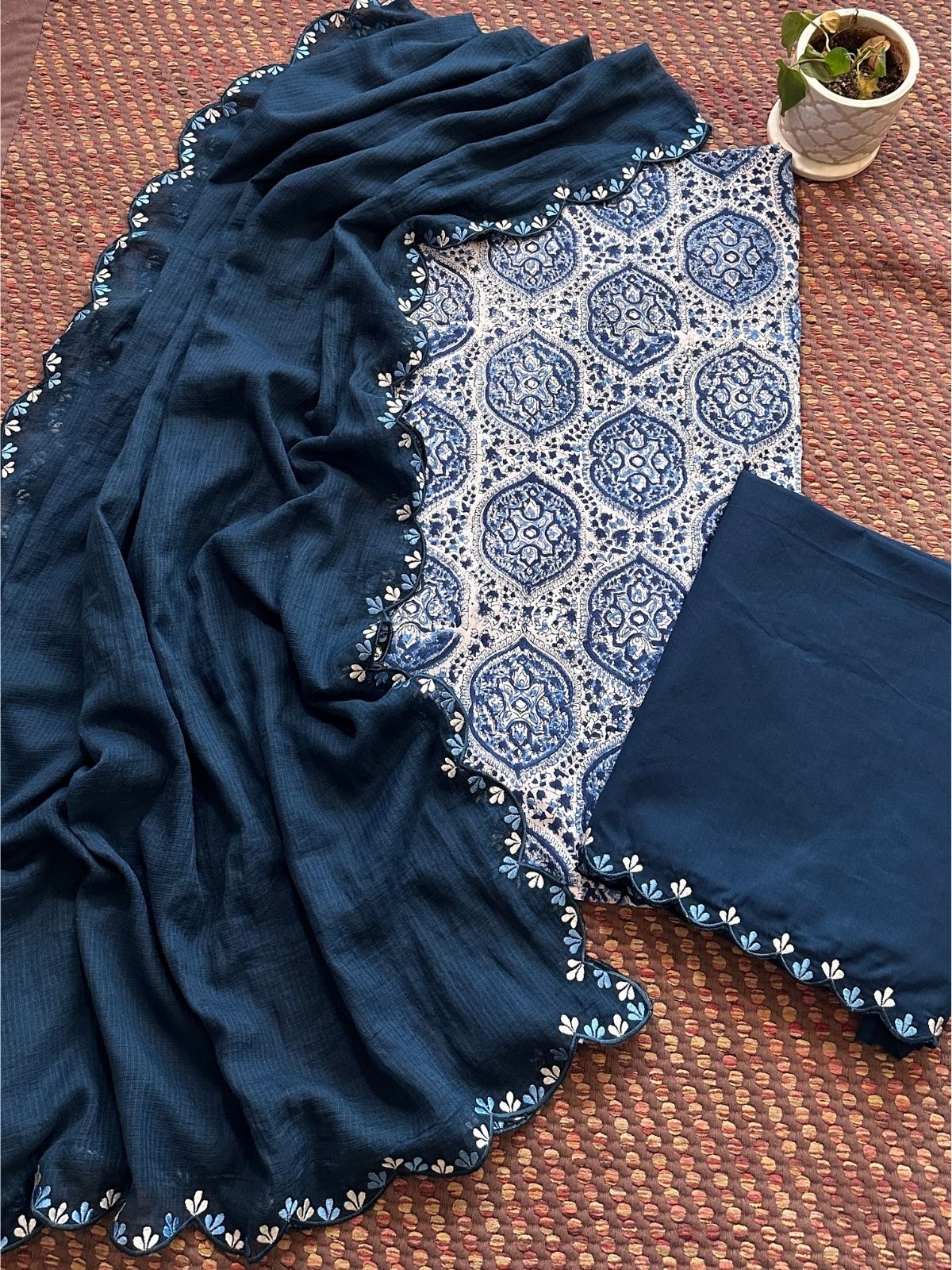 Pure Cotton Hand blocked Set with Embroidered Dupatta