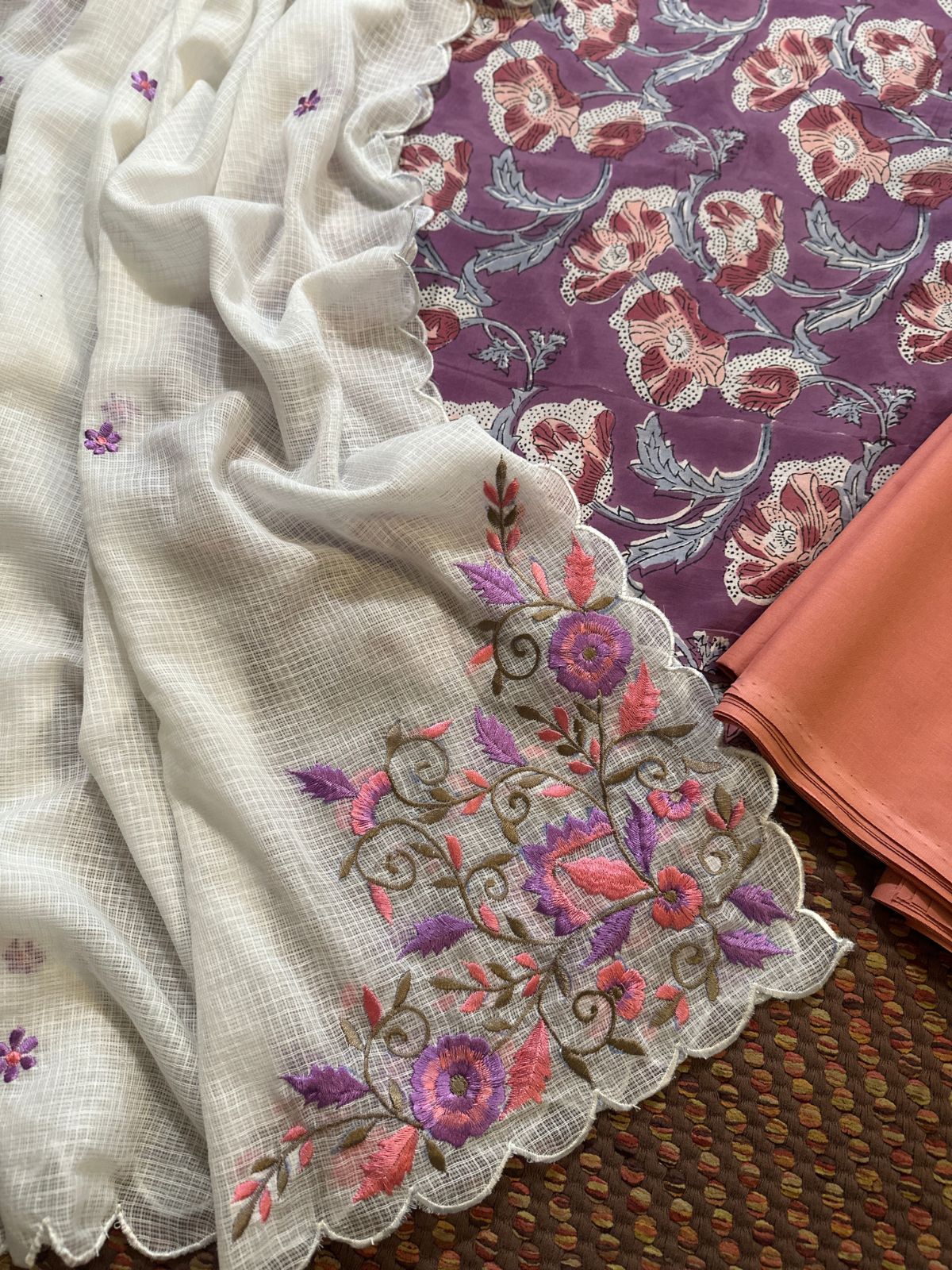 Pure Cotton Hand-block Fabric with Embroidered Bottom & Kota Doria Dupatta