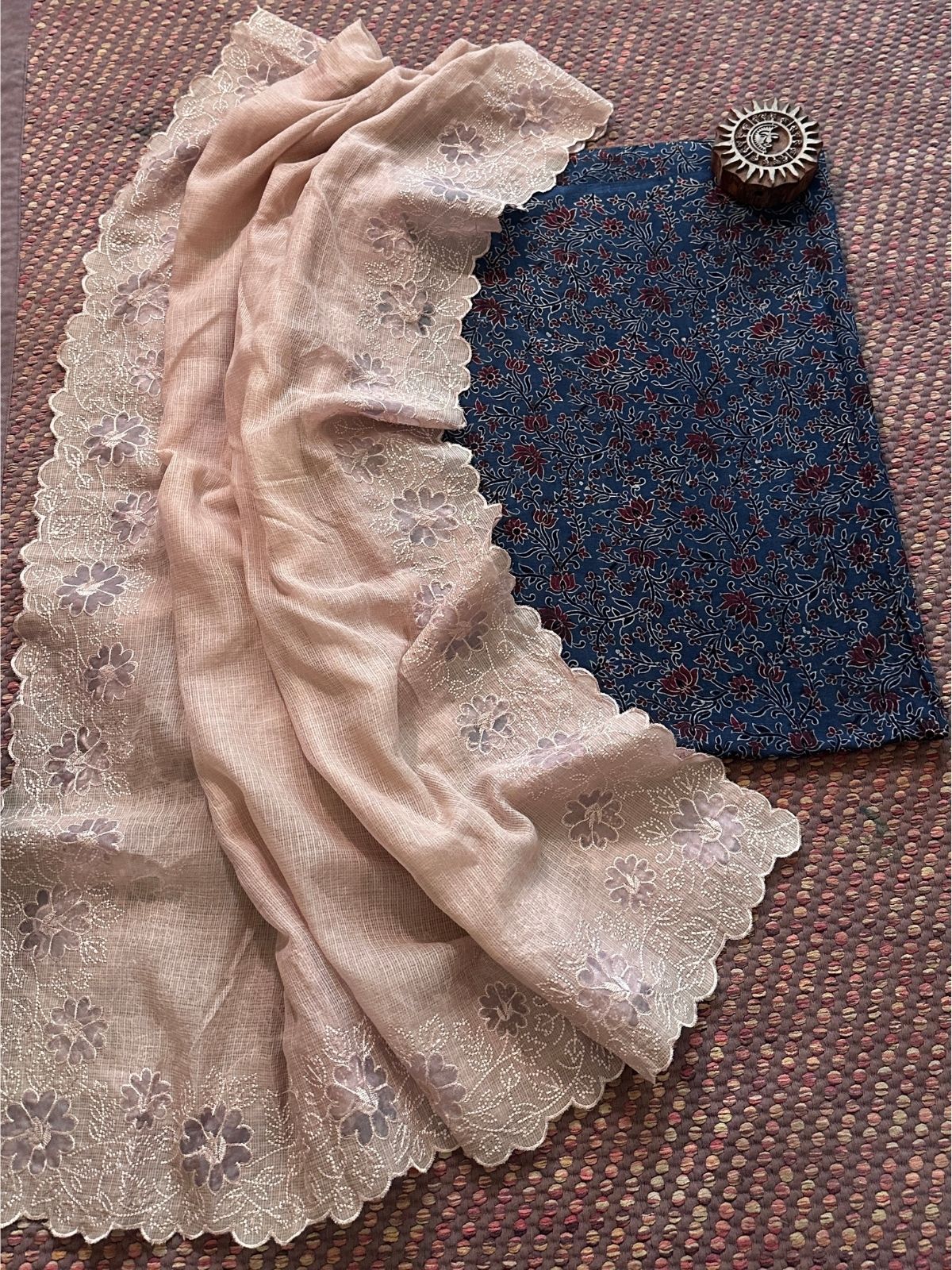 Ajrakh handblocked pure cotton mamal fabric with kota doria embroidered dupatta