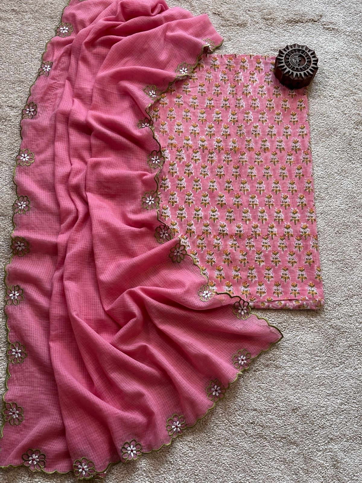 Gulabi Set - Hand Blocked fabric with a embroidered kota doria dupatta.