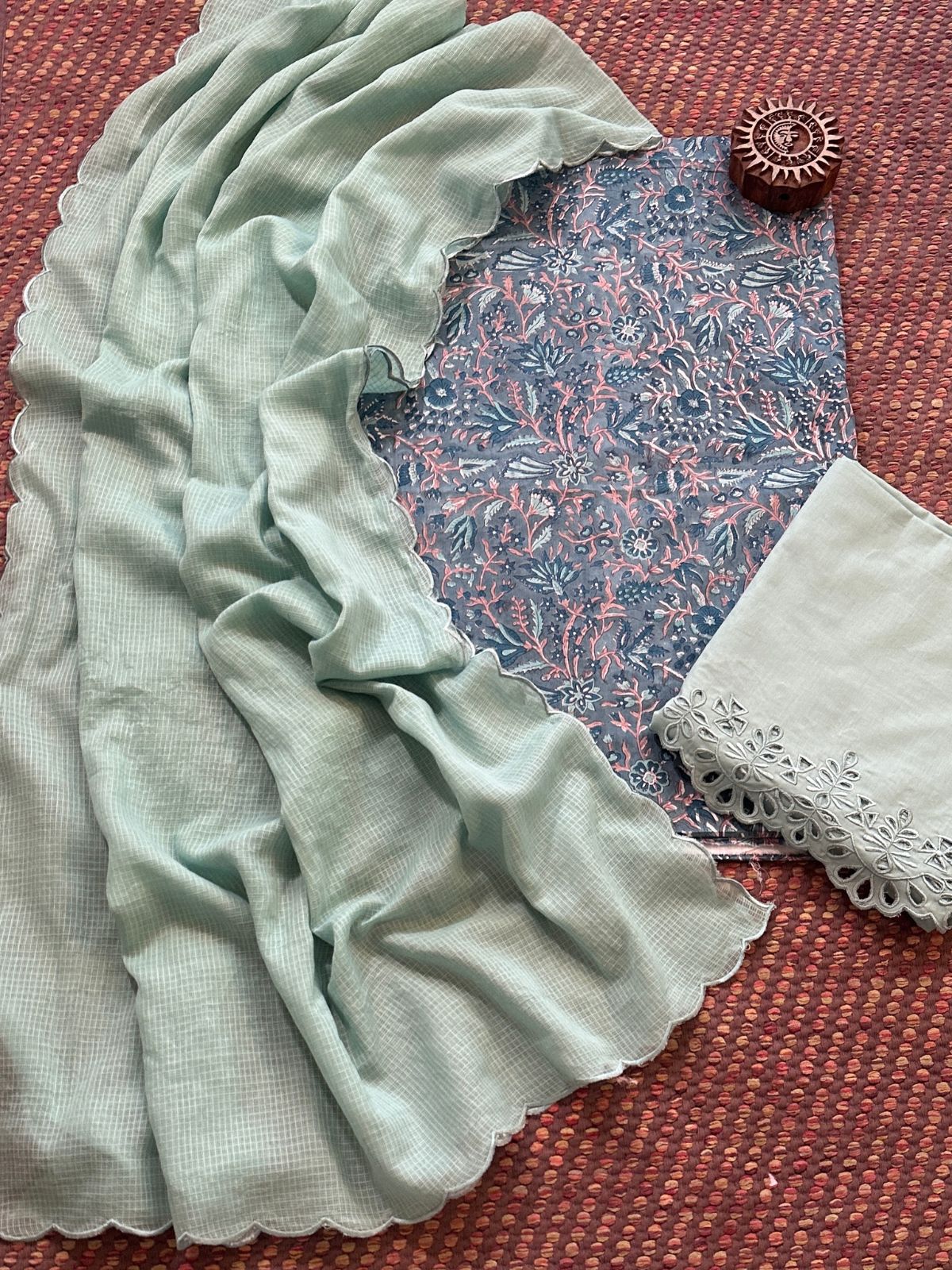 Pure Cotton Hand-blocked Fabric with Cutwork Bottom & Kota Doria Dupatta