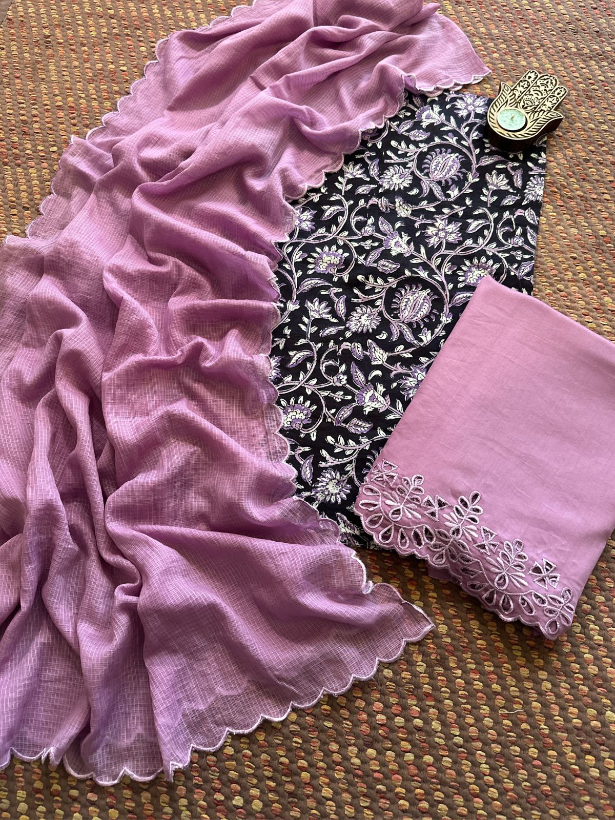 Pure Cotton Hand-blocked Fabric with Cutwork Bottom & Kota Doria Dupatta