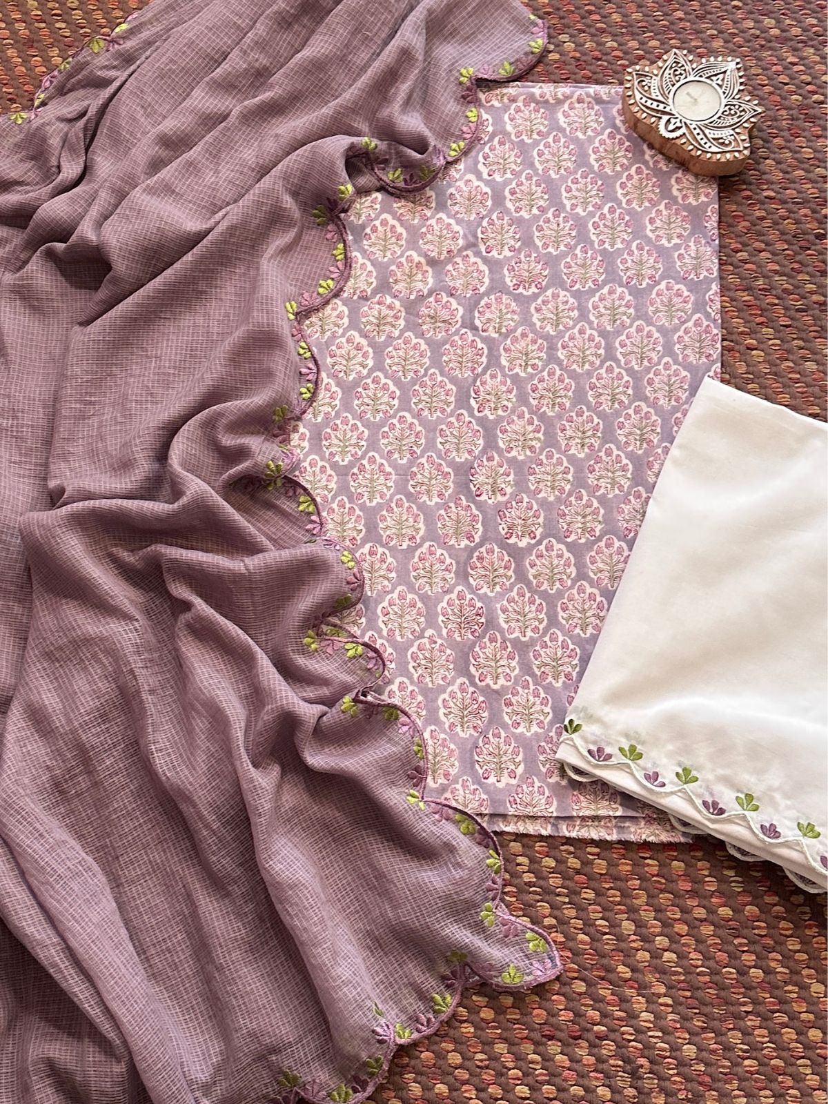 Pure Cotton Hand-block Fabric with Embroidered Bottom & Kota Doria Dupatta