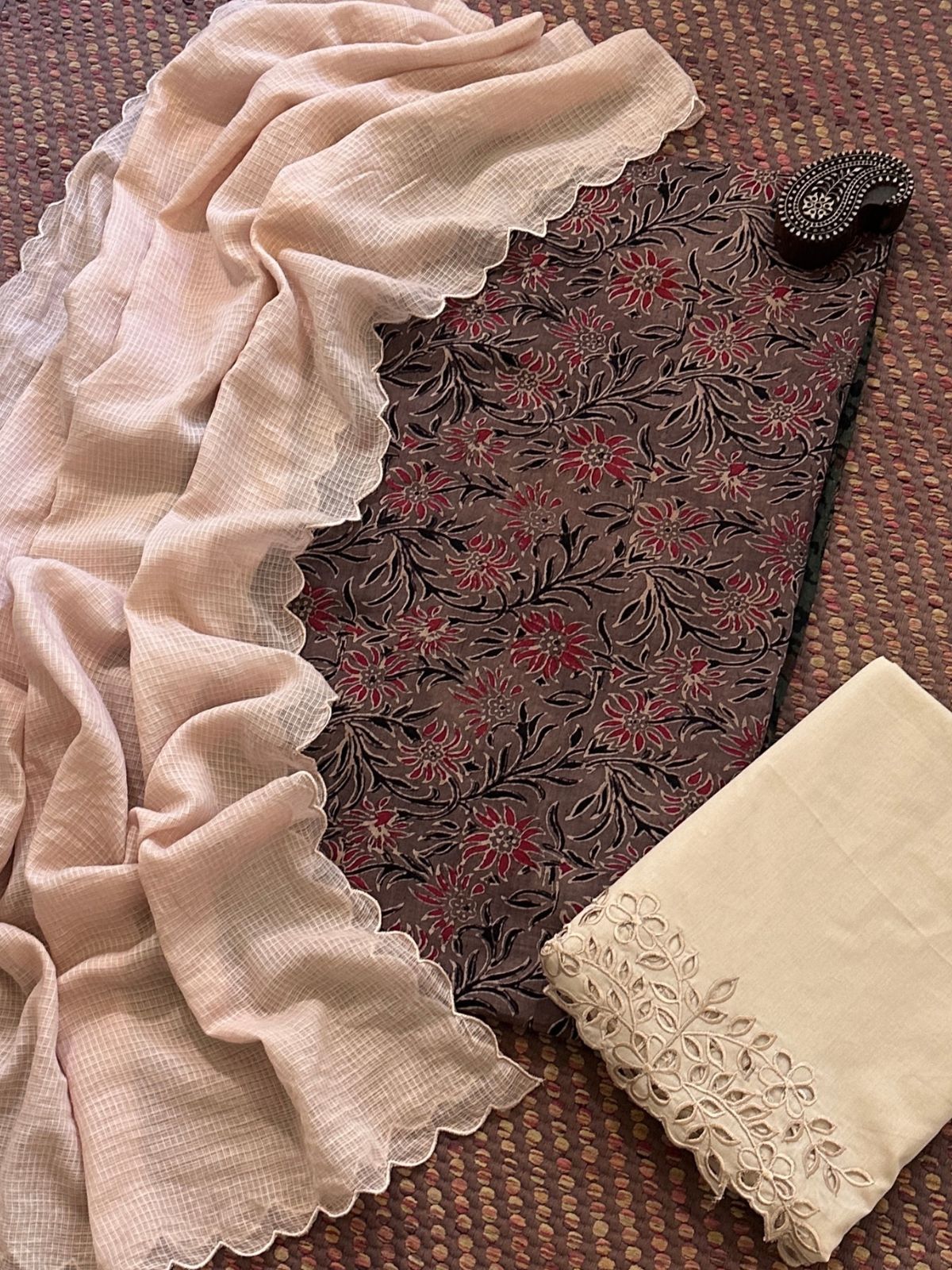 Pure Cotton Mul Ajrak with Scalloped Dupatta & Cutwork Bottom