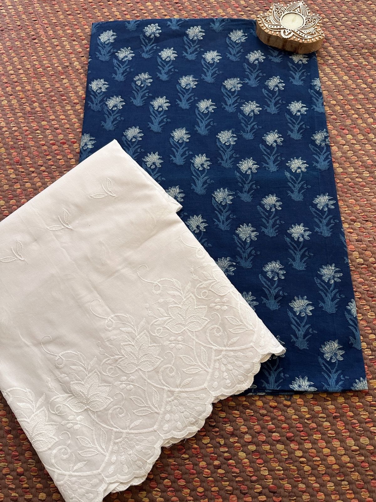 Pure Cotton Indigo Handblocked Fabric with Embroidered Bottom