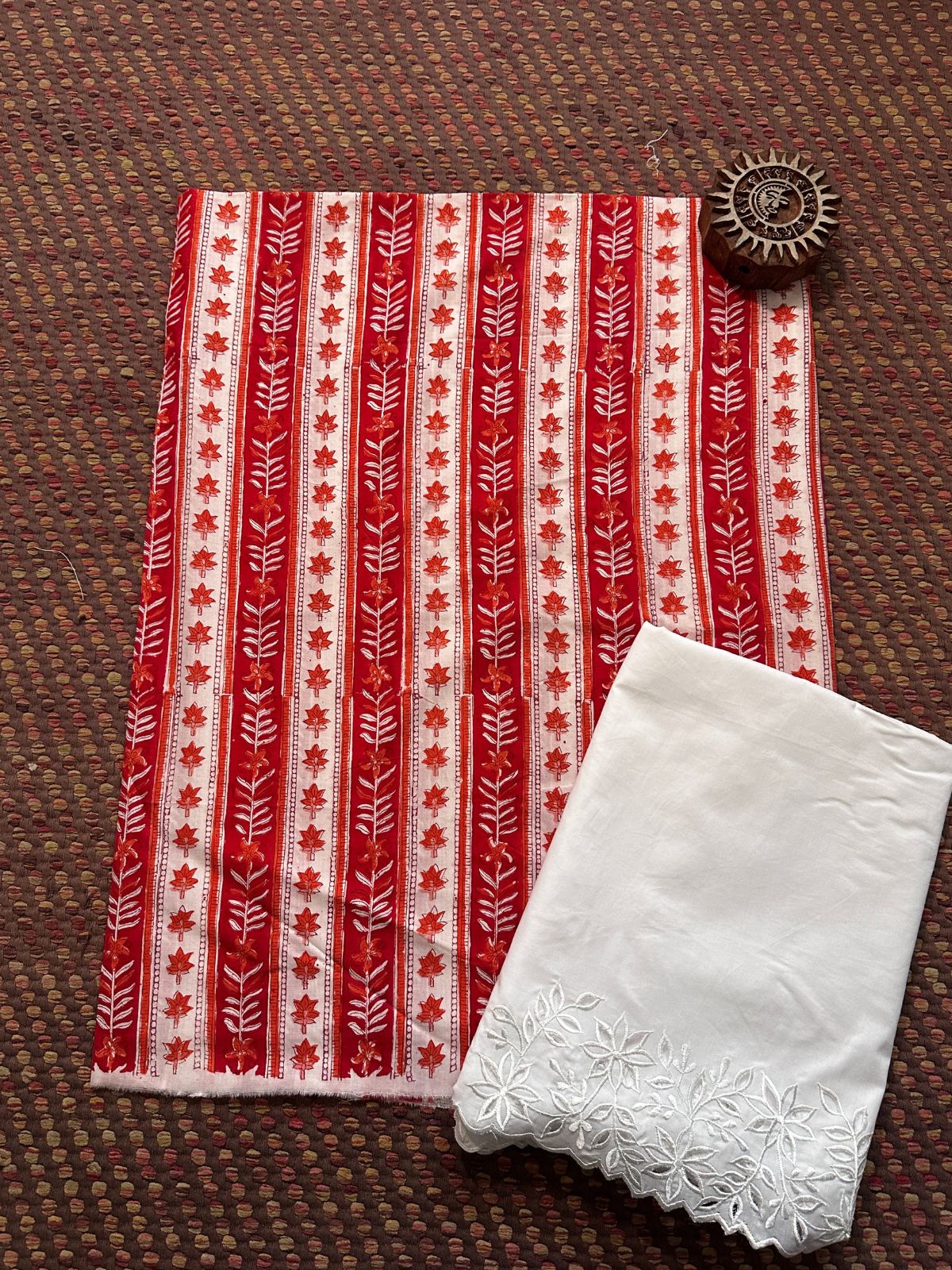 Pure Cotton Hand-blocked Fabric with Embroidered Bottom