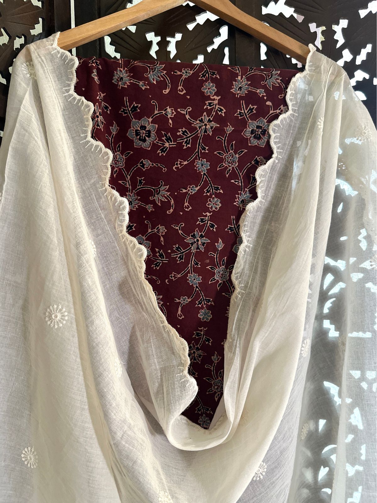 Ajrakh handblocked pure cotton mamal fabric with soft cotton Dupatta