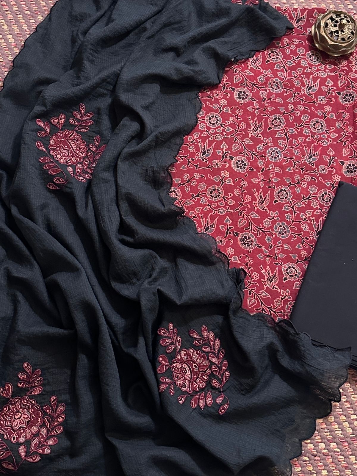 Ajrakh Cotton Malmal Unstitched Set with Applique Kota Dupatta