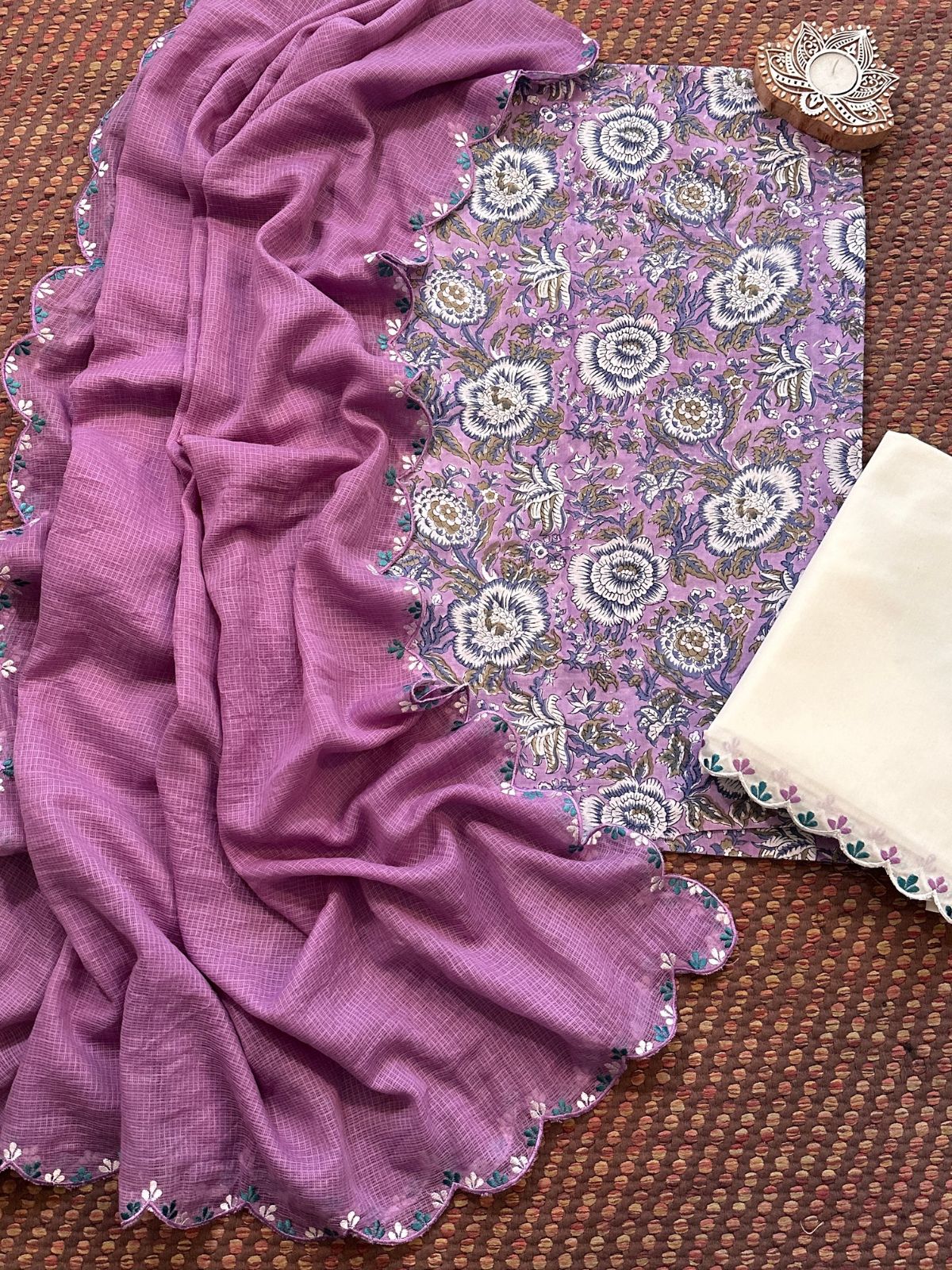 Pure Cotton Hand-block Fabric with Embroidered Bottom & Kota Doria Dupatta