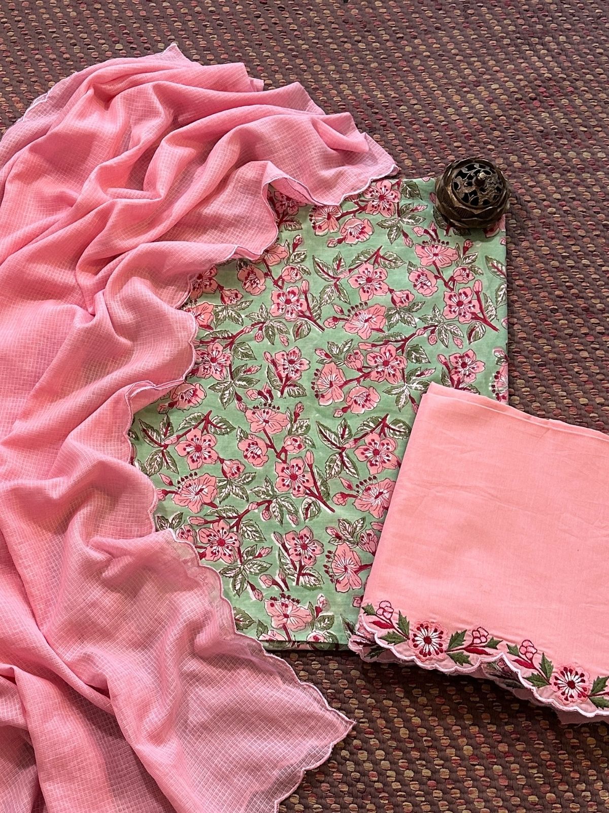 Pure Cotton Malmal Handblocked Unstitched Set