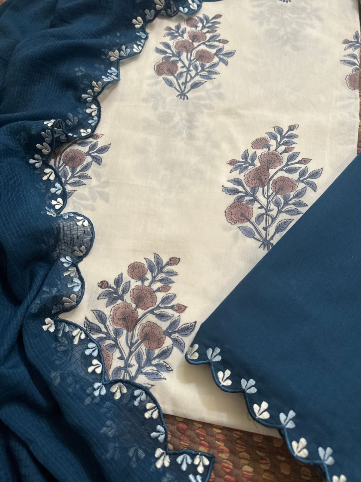 Pure Cotton Handblock Fabric with Exclusive Embroidered Bottom & Kota Doria Dupatta