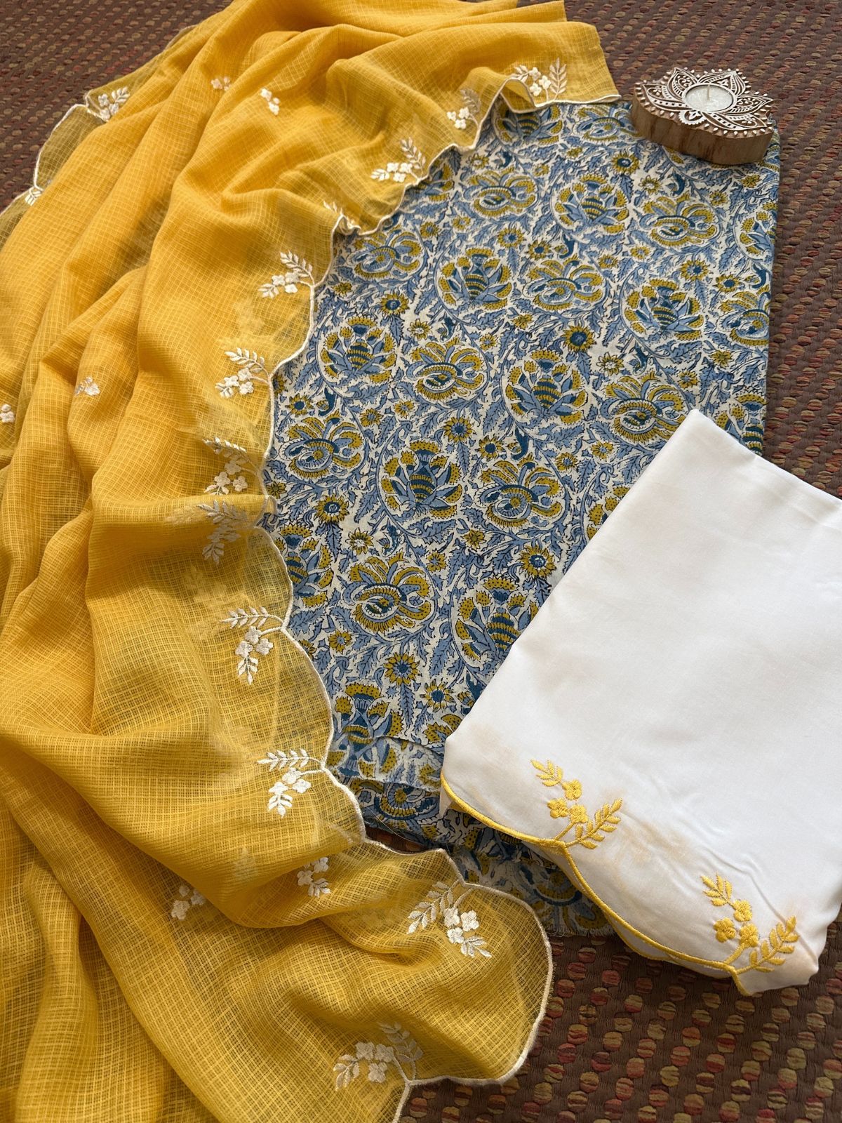 Pure Cotton Malmal Hand-block Fabric with Embroidered Bottom & Kota Doria Dupatta