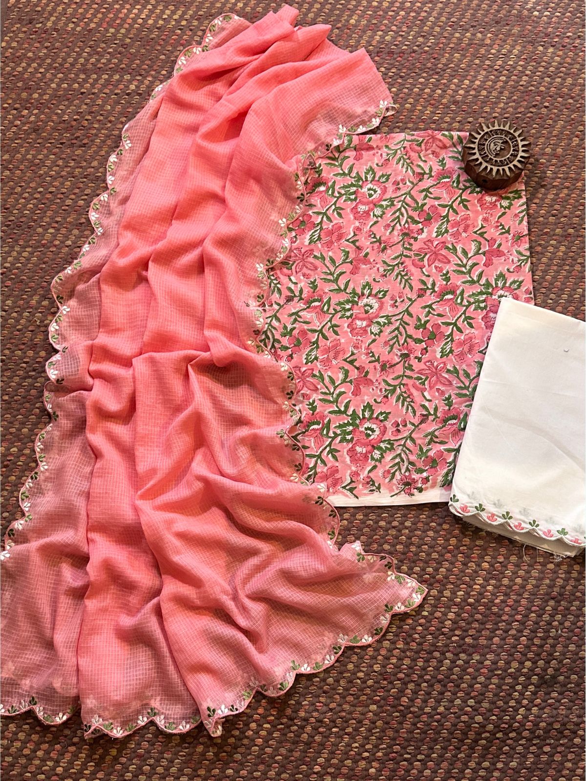 Pure Cotton Hand blocked Set with Embroidered Dupatta