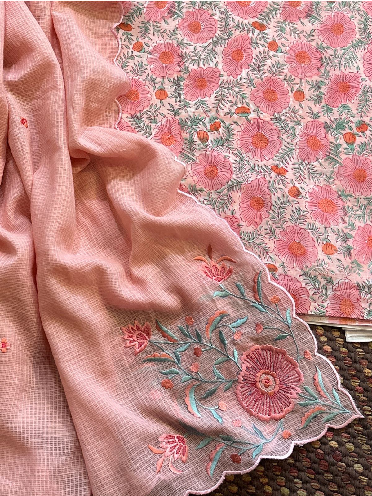 Pure Cotton Hand-blocked fabric set with Embroidered Dupatta