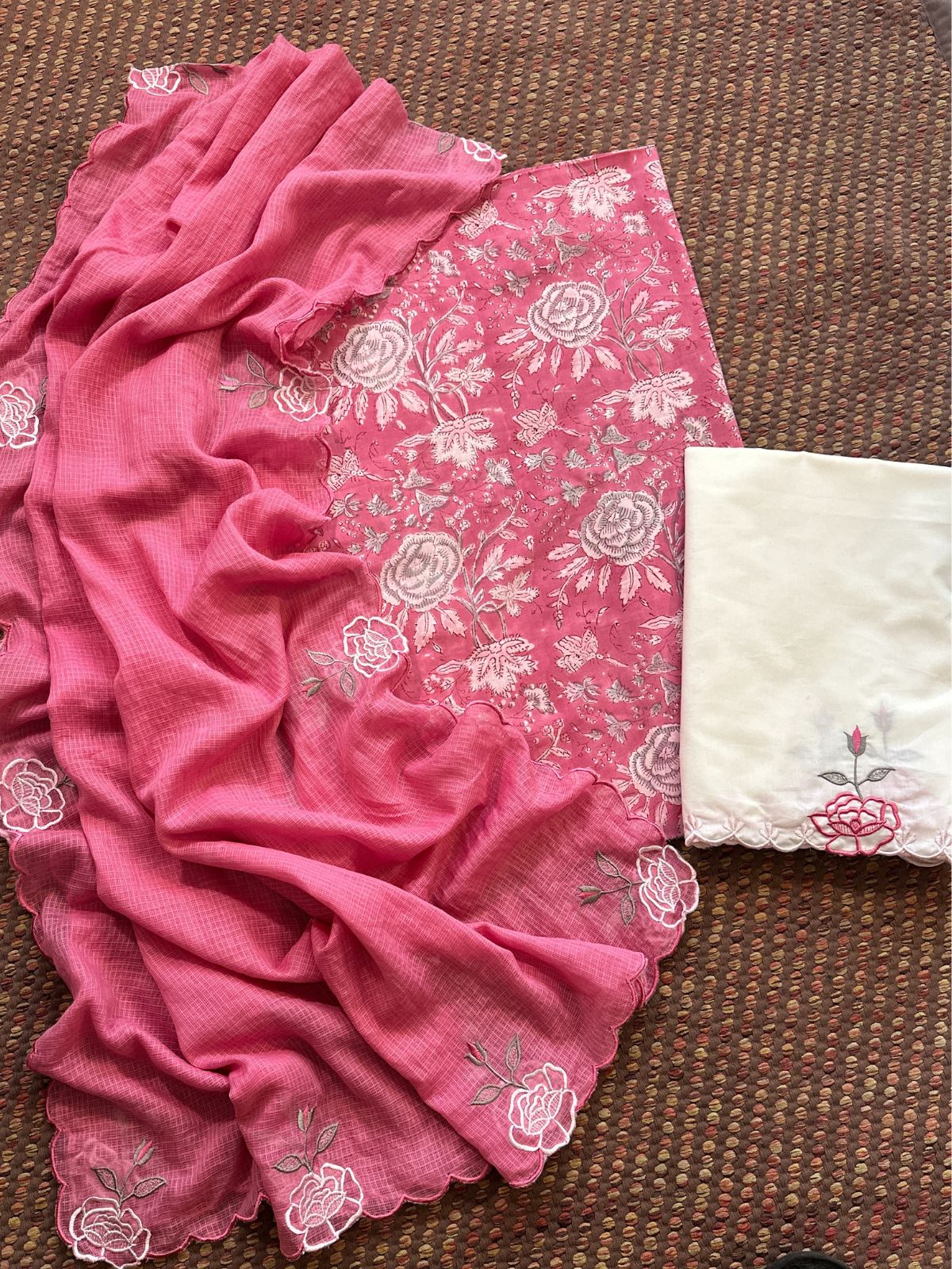 Pure Cotton Hand-block Fabric with Embroidered Bottom & Kota Doria Dupatta