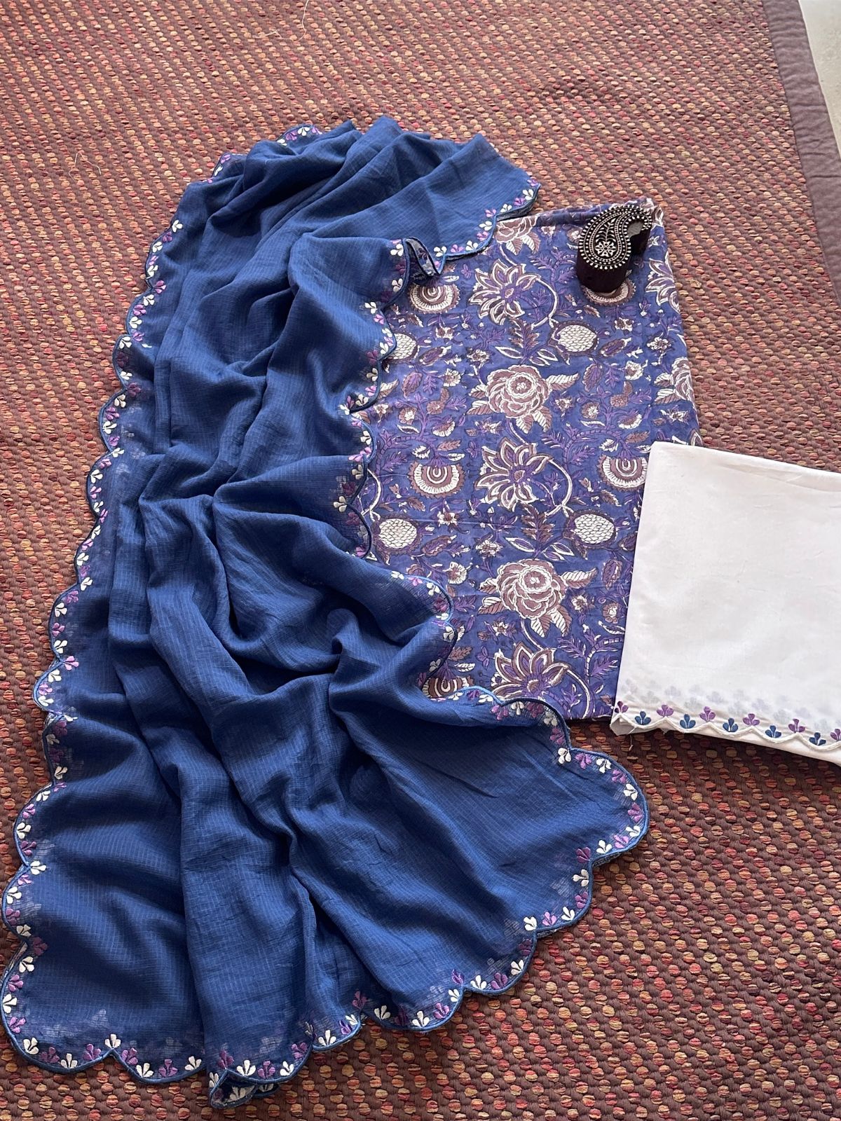 Pure Cotton Hand-block Fabric with Exclusive Embroidered Bottom & Kota Doria Dupatta