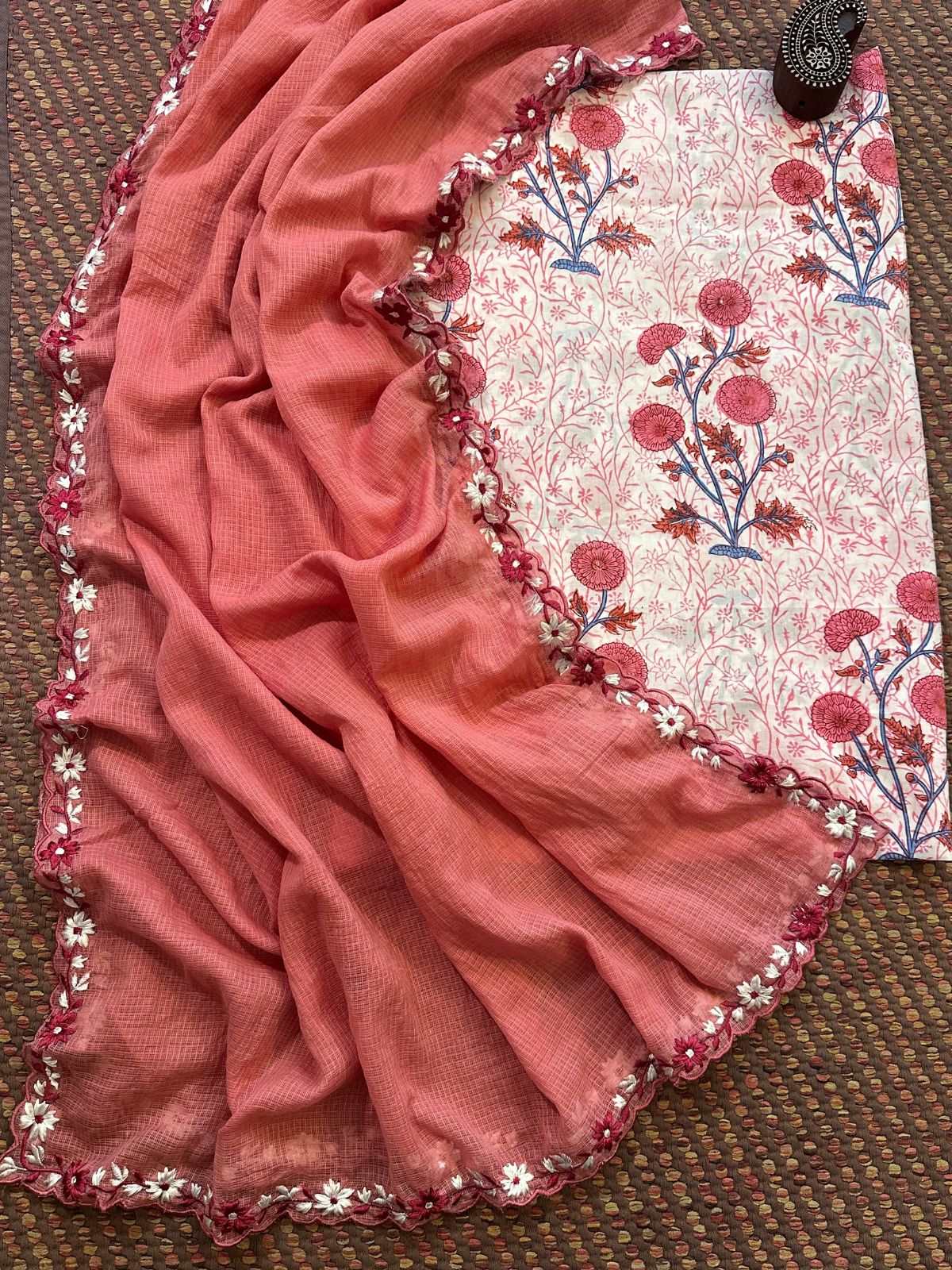 Pure Cotton Hand-blocked fabric set with Embroidered Dupatta