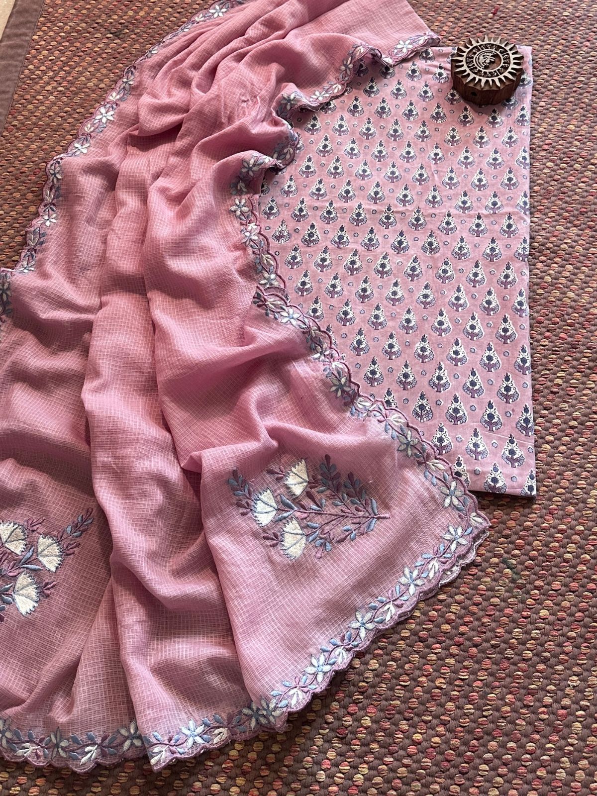 Pure Cotton Handblock Fabric with Exclusive Embroidered Dupatta