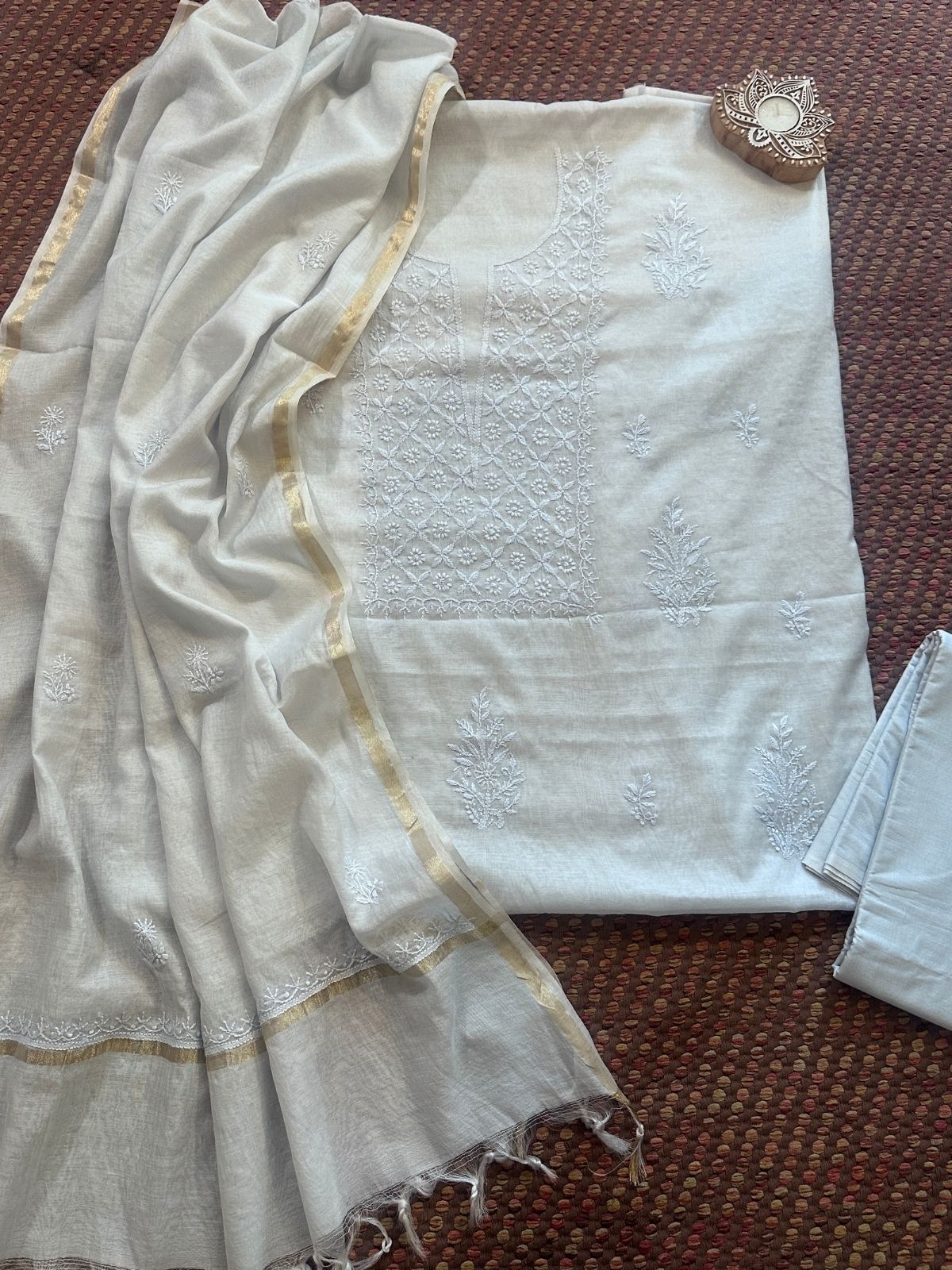 Premium Powder Blue Shade Malmal Maheswari Chikankari Set