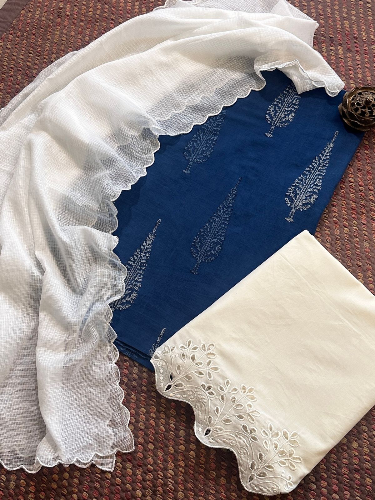 Pure Cotton Hand-blocked Indigo Fabric with Cutwork Bottom & Kota Doria Dupatta