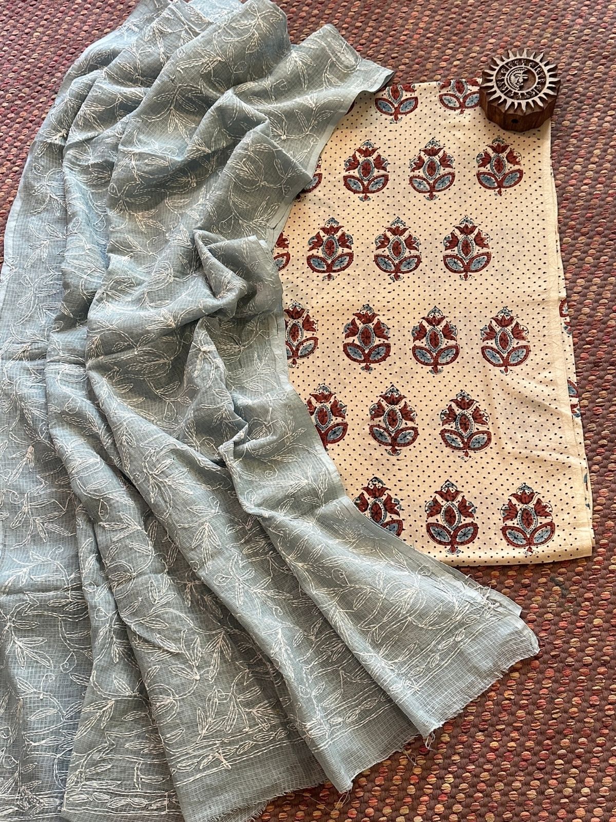 Ajrakh Handblocked Cotton Malmal Fabric with Chikankari Kota Dupatta Unstitched Set