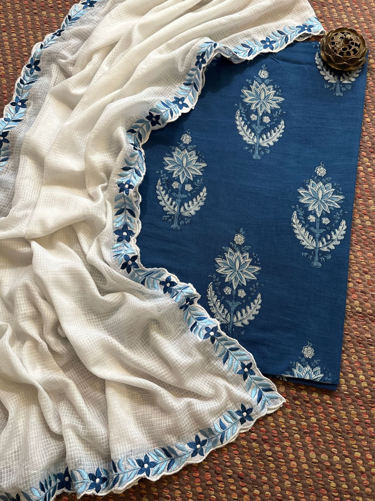 Pure Cotton Hand-blocked Set with Embroidered Dupatta