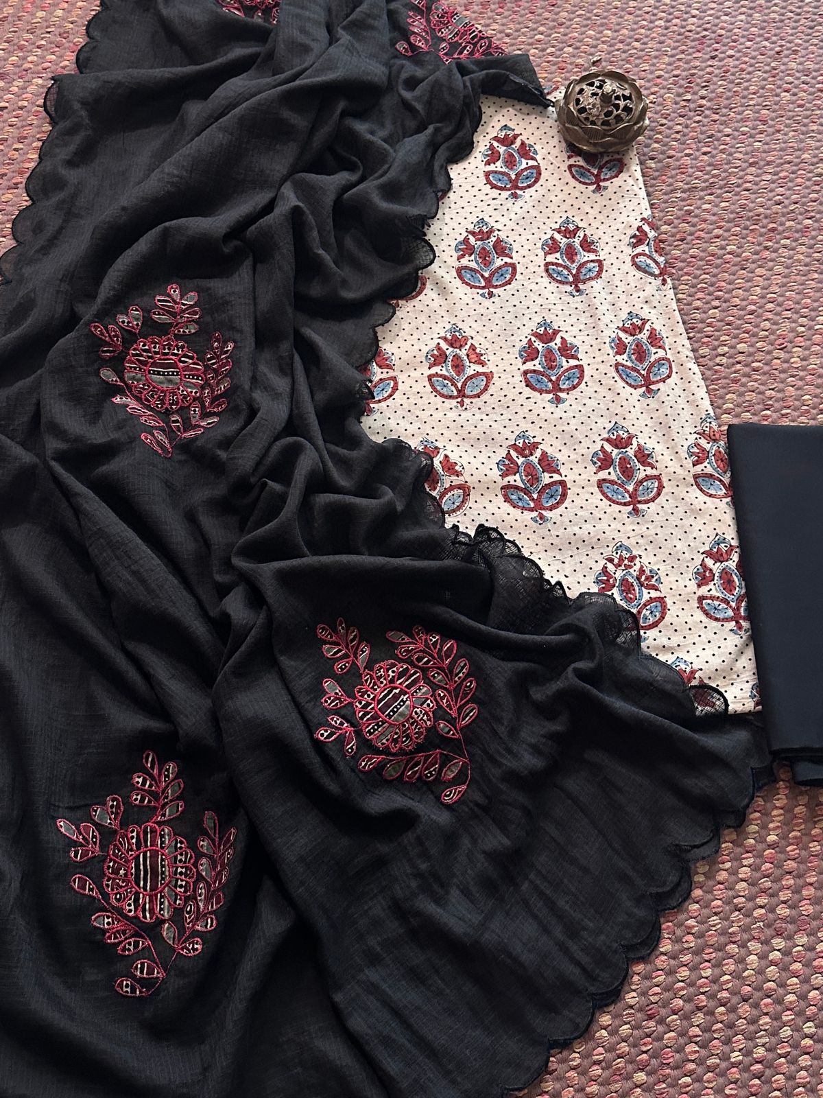 Ajrakh Cotton Malmal Unstitched Set with Applique Kota Dupatta