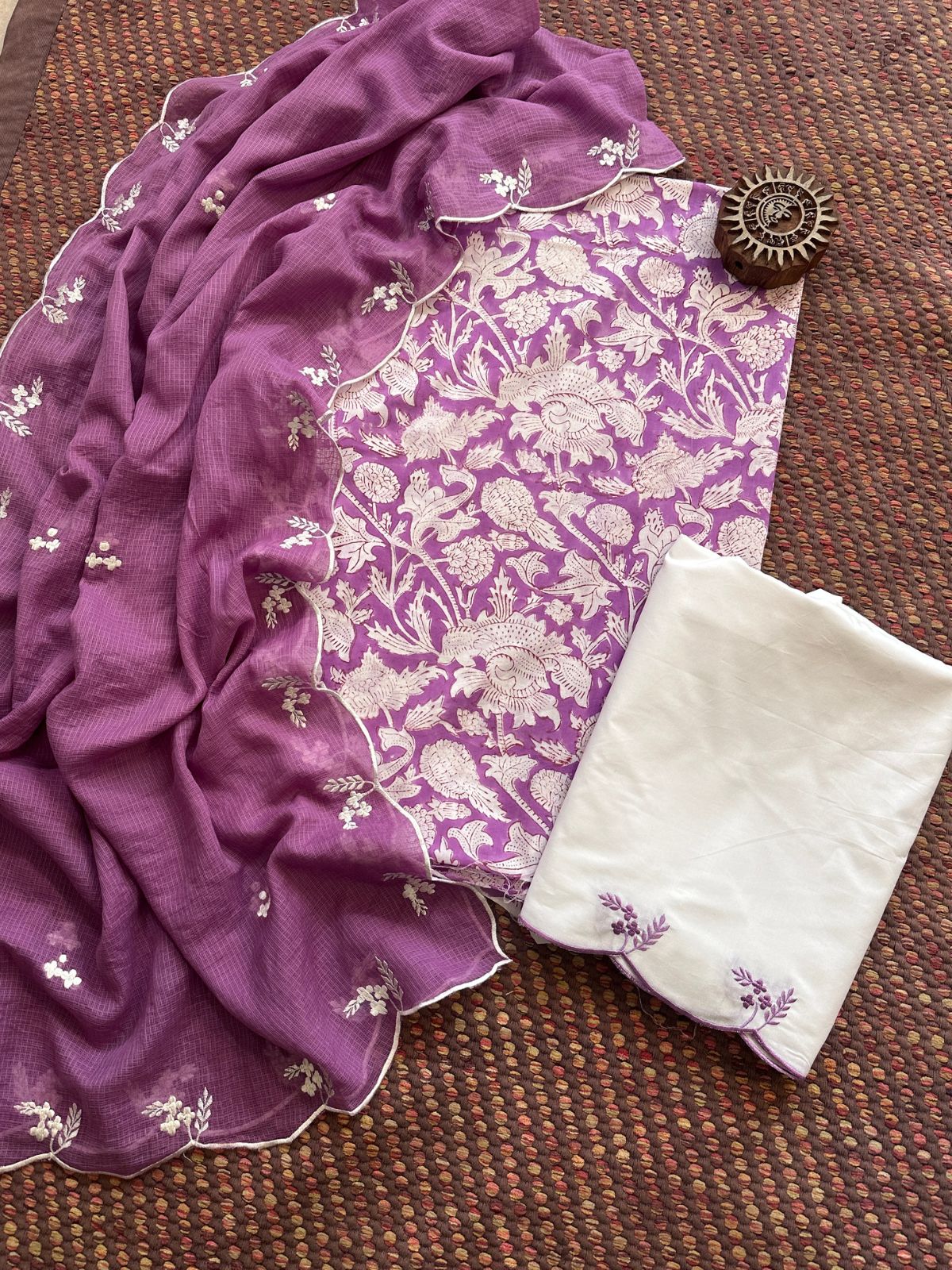 Pure Cotton Hand-block Fabric with Embroidered Bottom & Kota Doria Dupatta