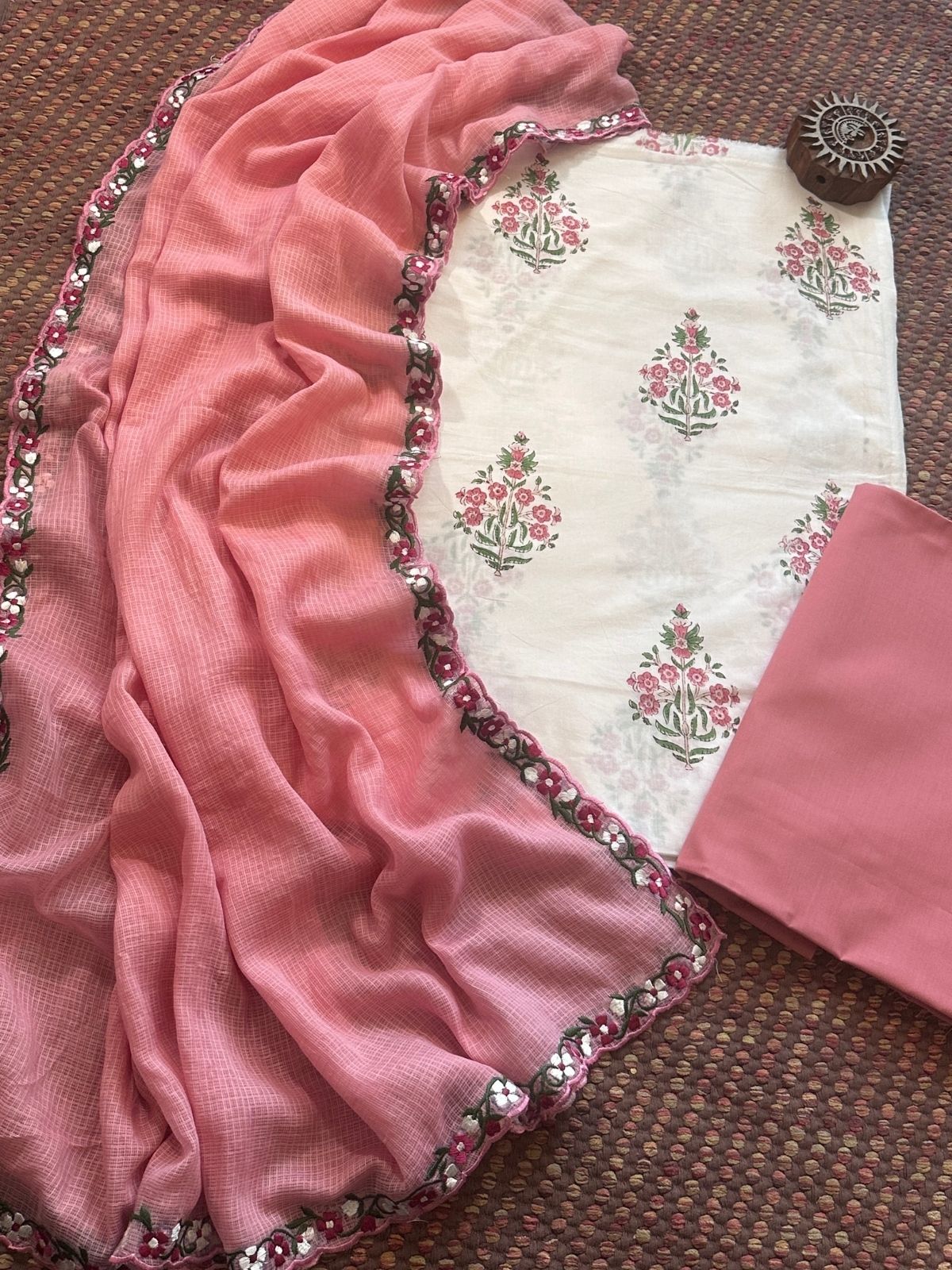 Pure Cotton Hand-blocked fabric set with Embroidered Dupatta