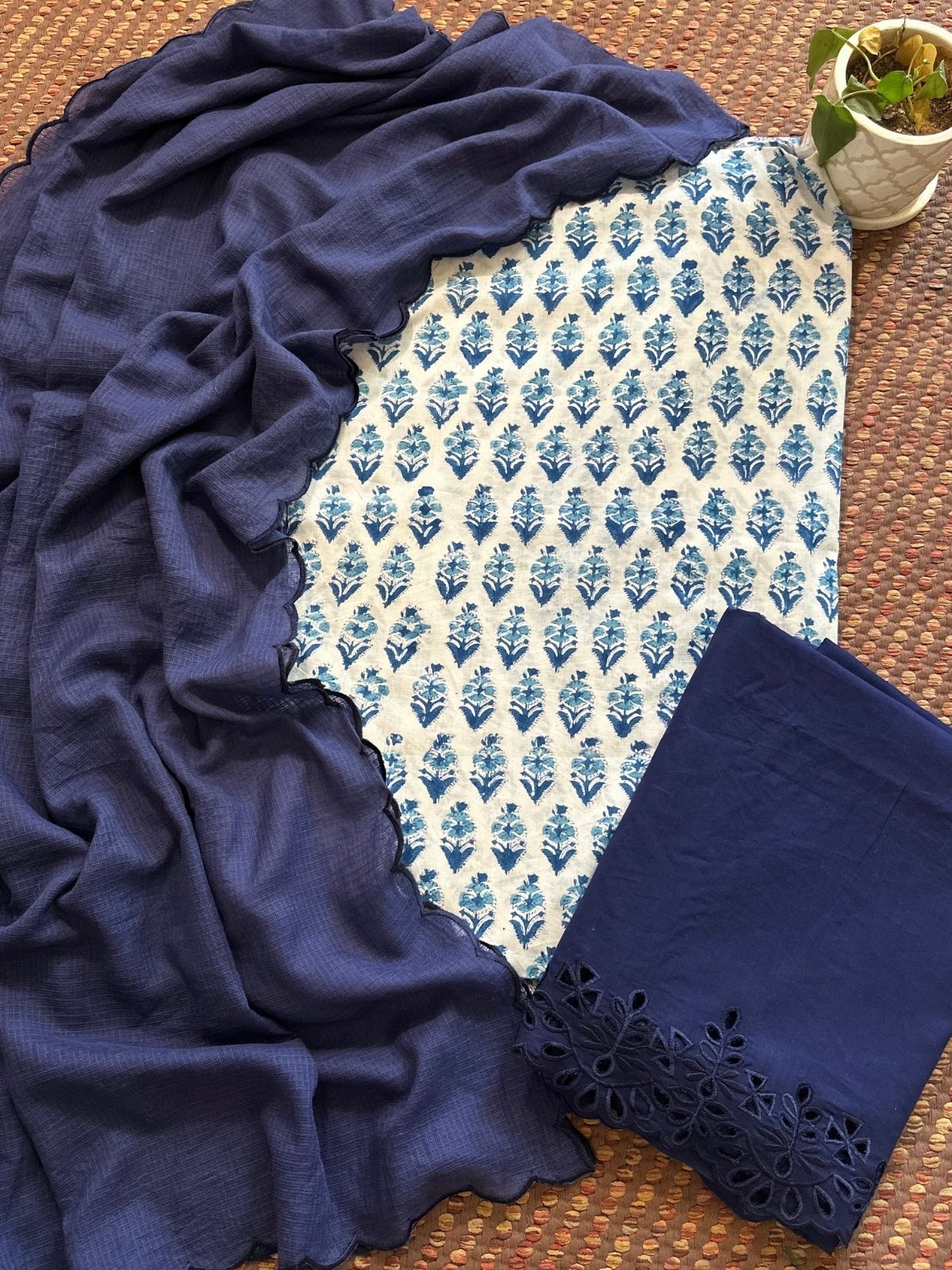 Pure Cotton Hand-blocked Fabric with Cutwork Bottom & Kota Doria Dupatta