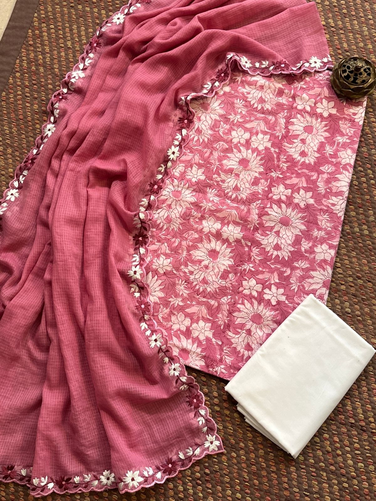 Pure Cotton Hand-blocked fabric set with Embroidered Dupatta