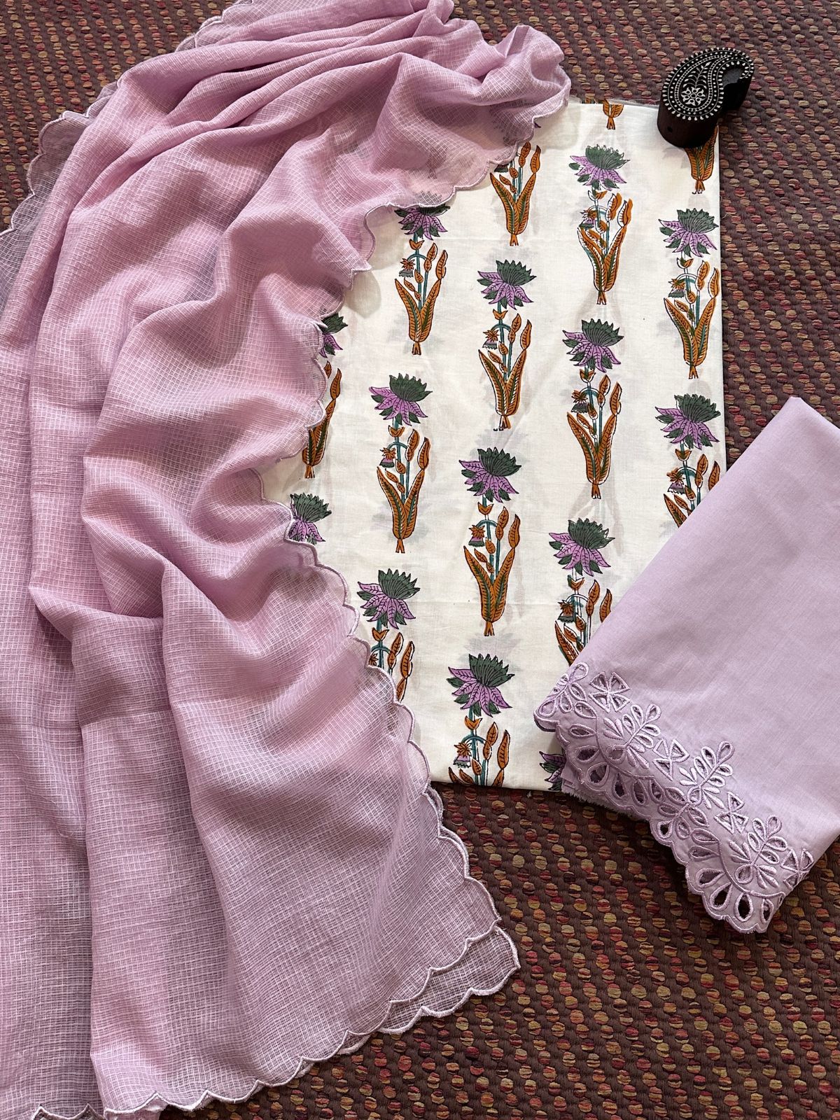 Pure Cotton Malmal Hand-blocked Fabric with Cutwork Bottom & Kota Doria Dupatta