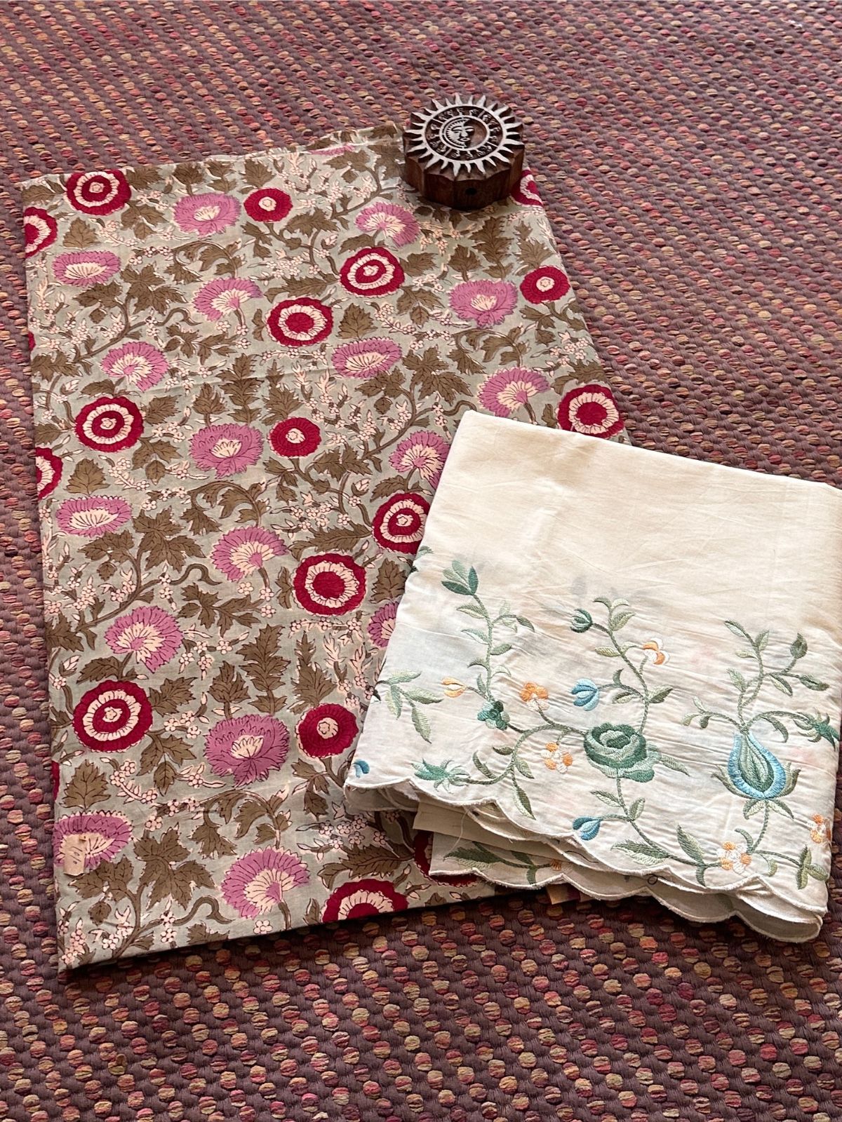 Pure Cotton Hand-blocked Fabric with Embroidered Bottom