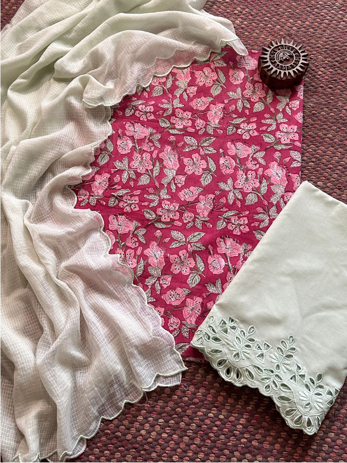 Pure Cotton Hand-blocked Fabric with Cutwork Bottom & Kota Doria Dupatta