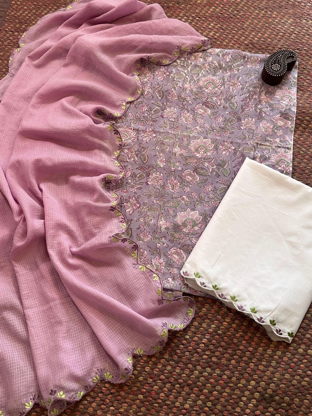 Pure Cotton Hand-block Fabric with Exclusive Embroidered Bottom & Kota Doria Dupatta