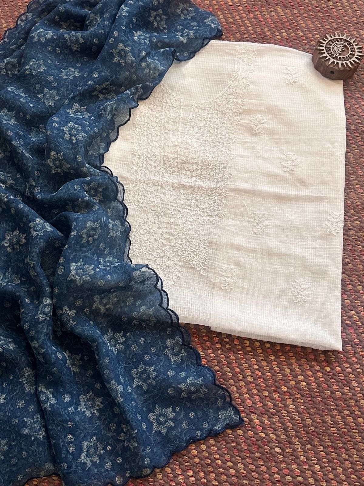 Chikankari Hand Embroidered Fabric with Indigo Hadblocked Kota Dupatta