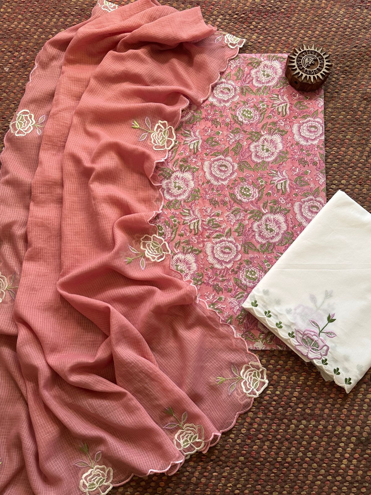 Pure Cotton Hand-block Fabric with Exclusive Embroidered Bottom & Kota Doria Dupatta