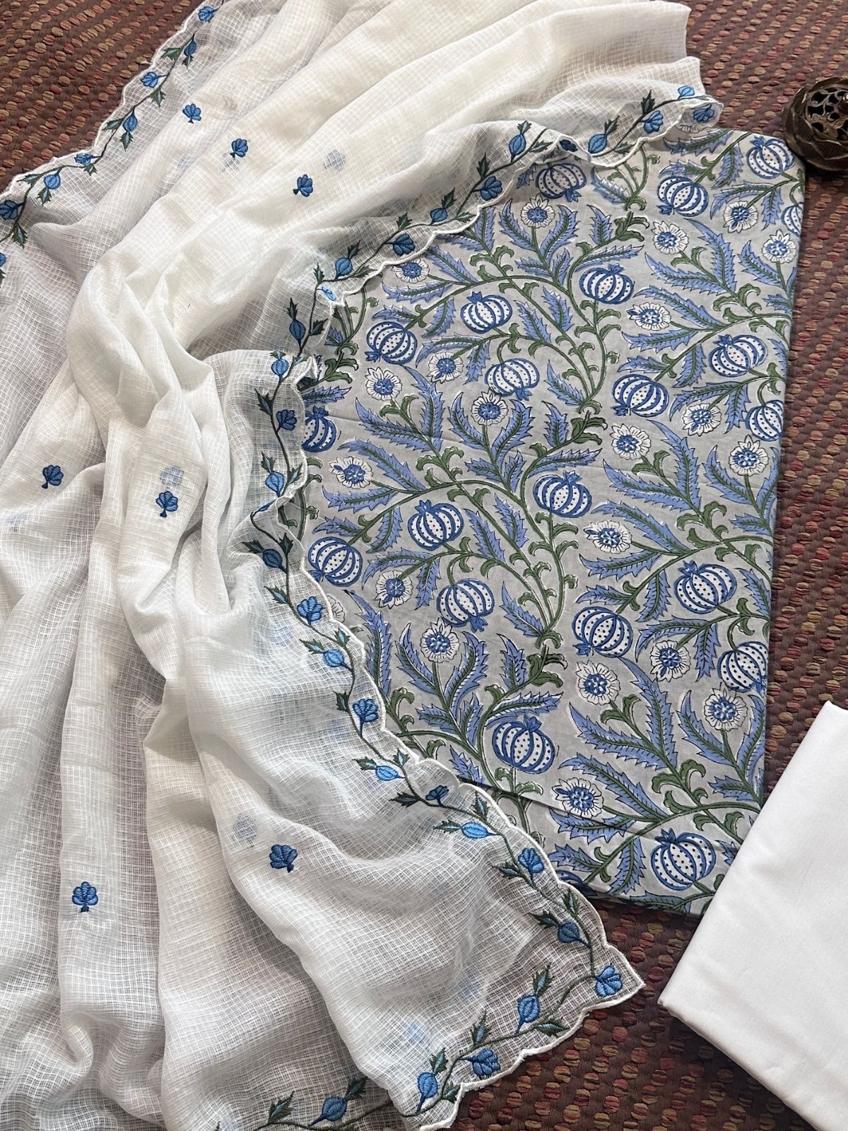 Pure Cotton Hand-blocked fabric set with Embroidered Dupatta