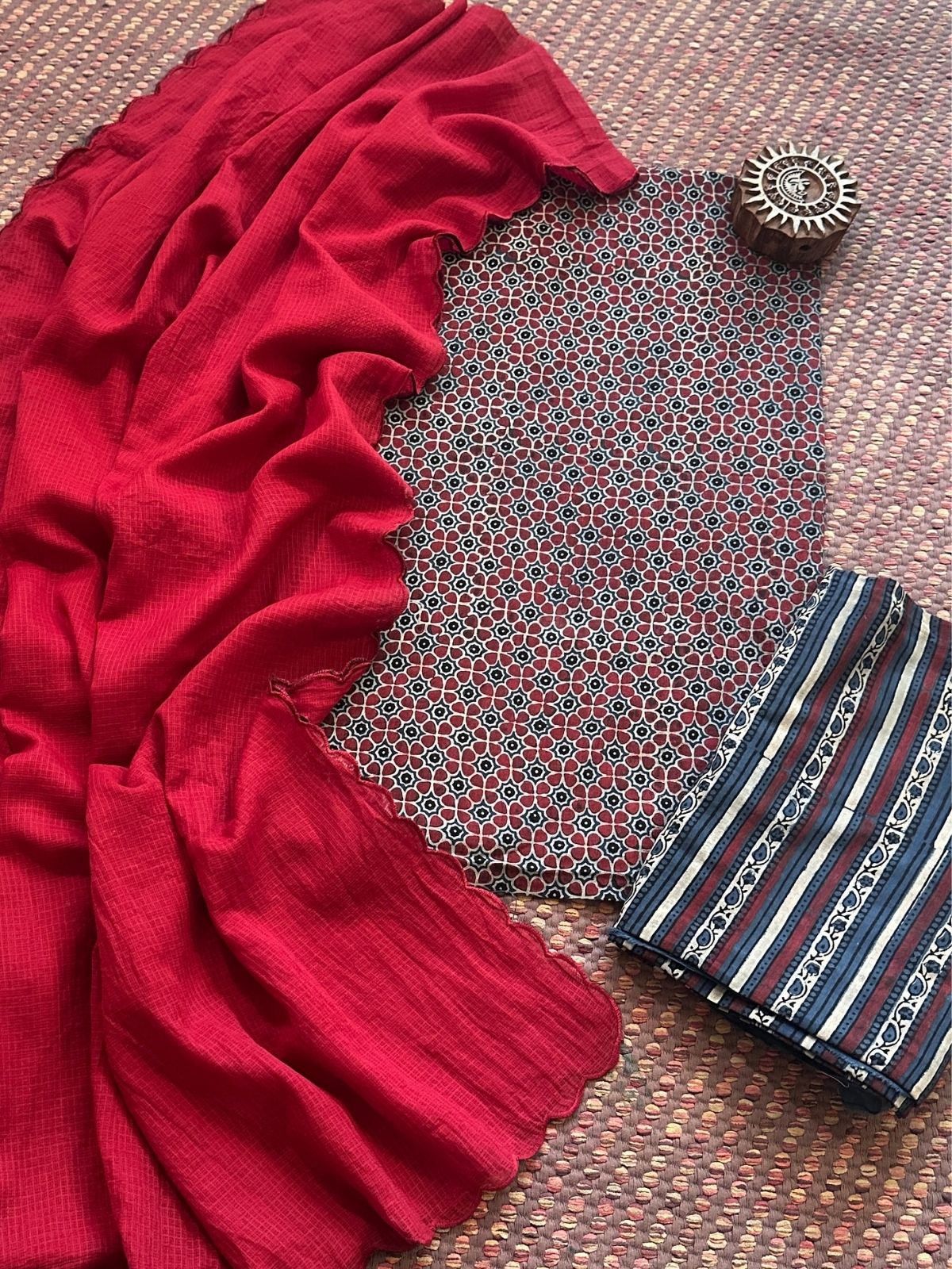 Ajrakh Handblocked Pure Cotton Malmal  Set & Kota Doria Dupatta