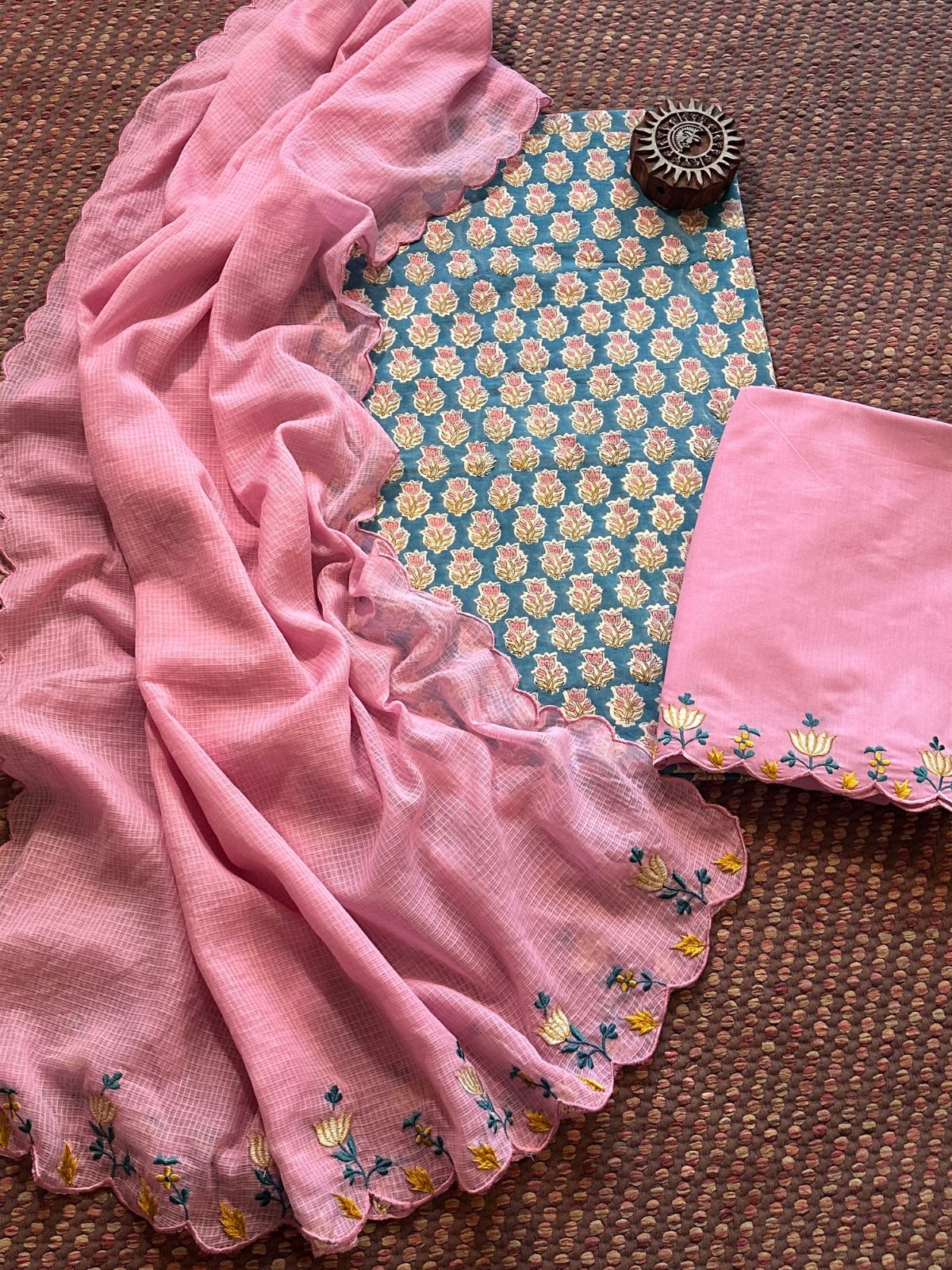 Pure Cotton Hand-block Fabric with Embroidered Bottom & Kota Doria Dupatta