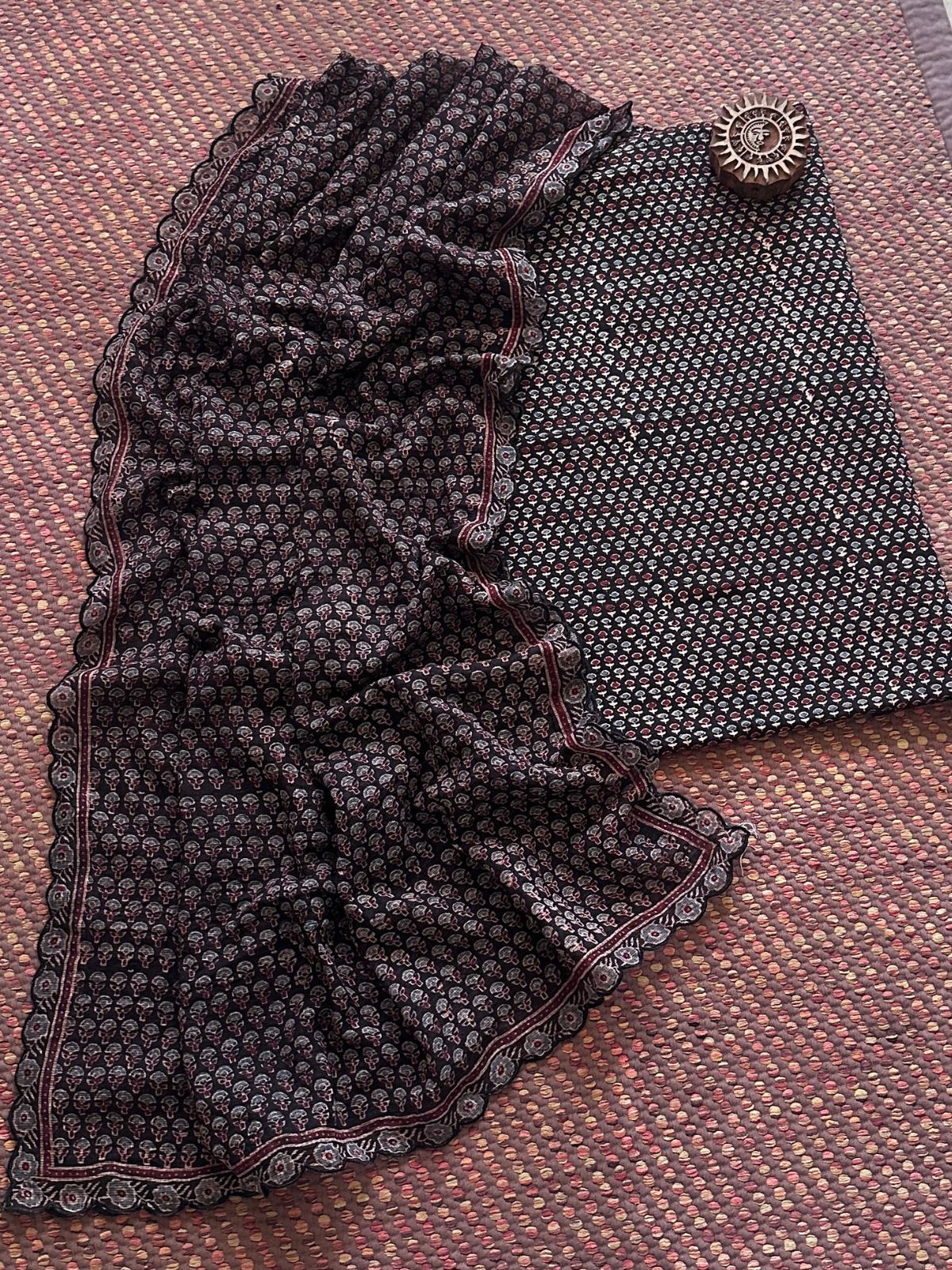 Ajrakh Cotton Malmal Handblocked Set- Top & Dupatta