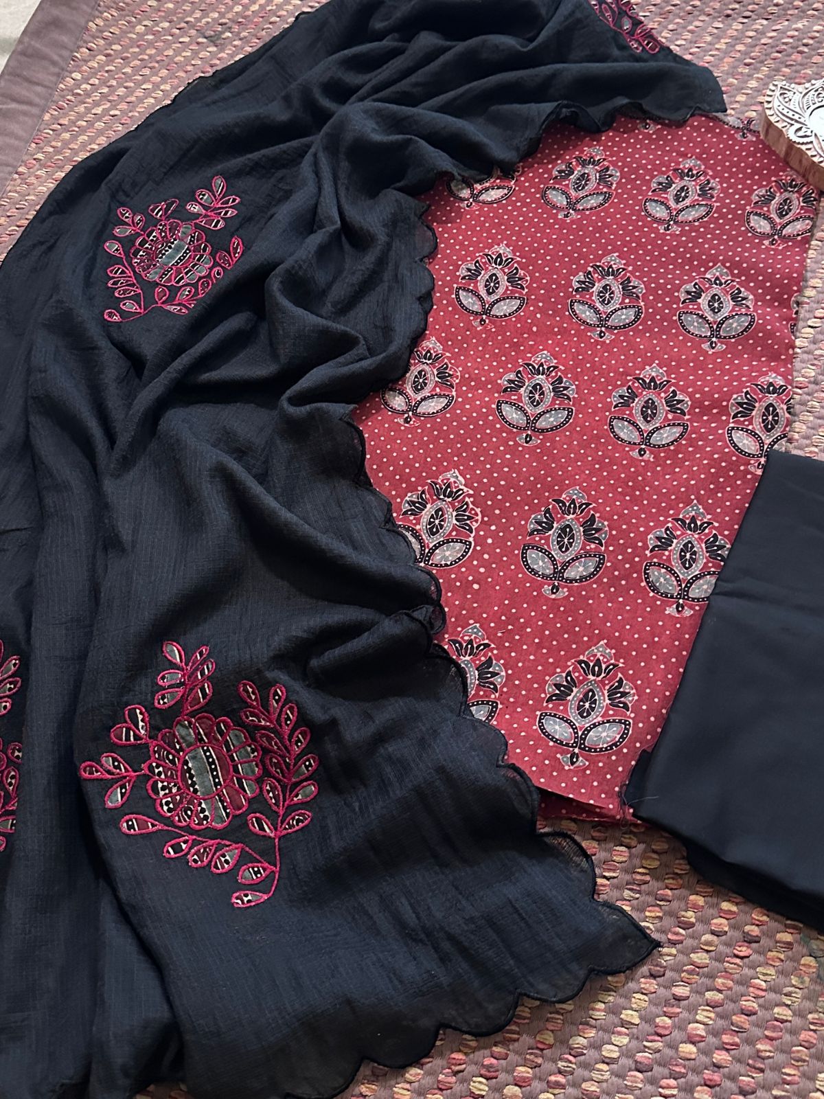 Ajrakh Cotton Malmal Unstitched Set with Applique Kota Dupatta