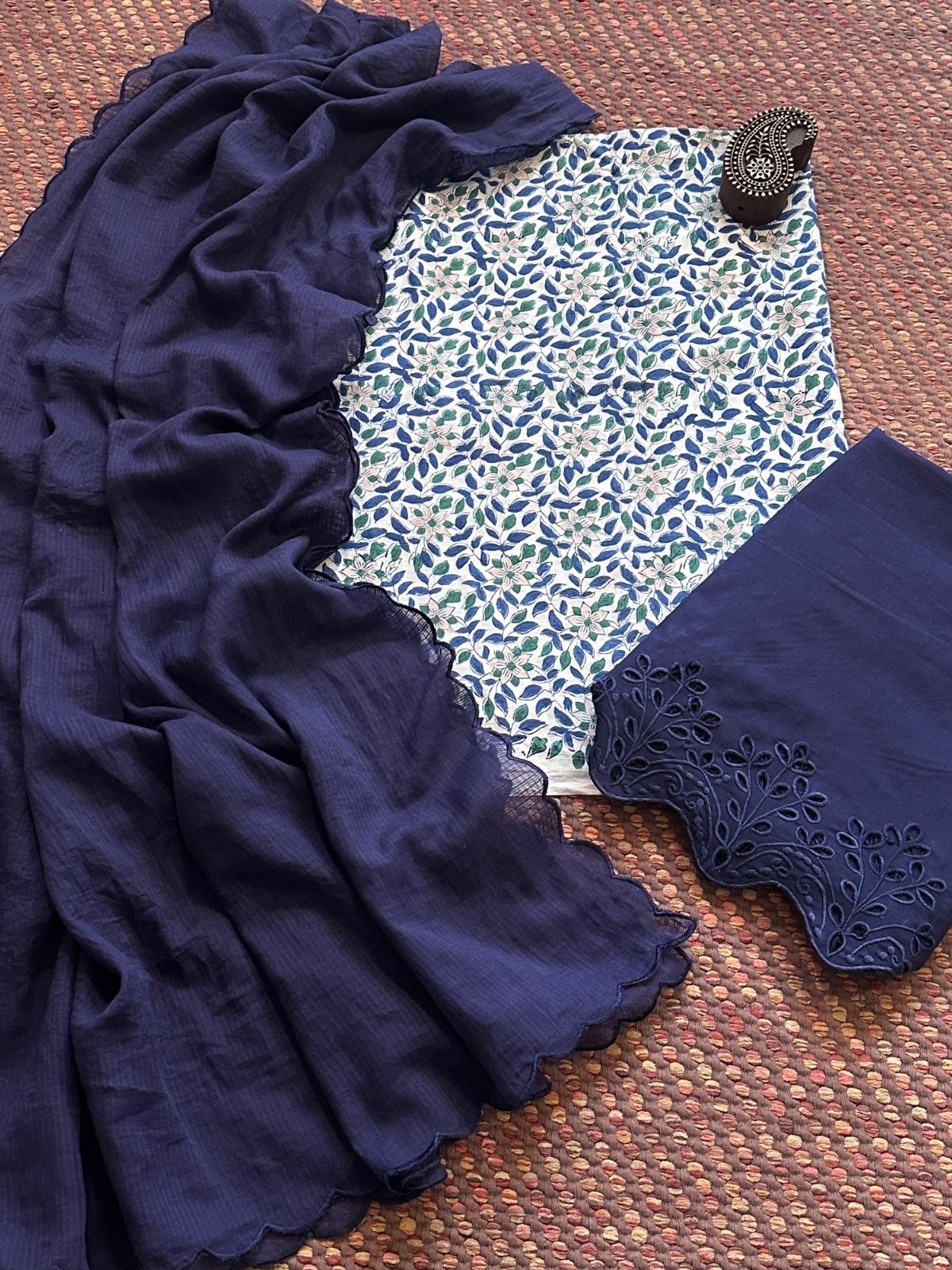 Pure Cotton Hand-blocked Fabric with Cutwork Bottom & Kota Doria Dupatta