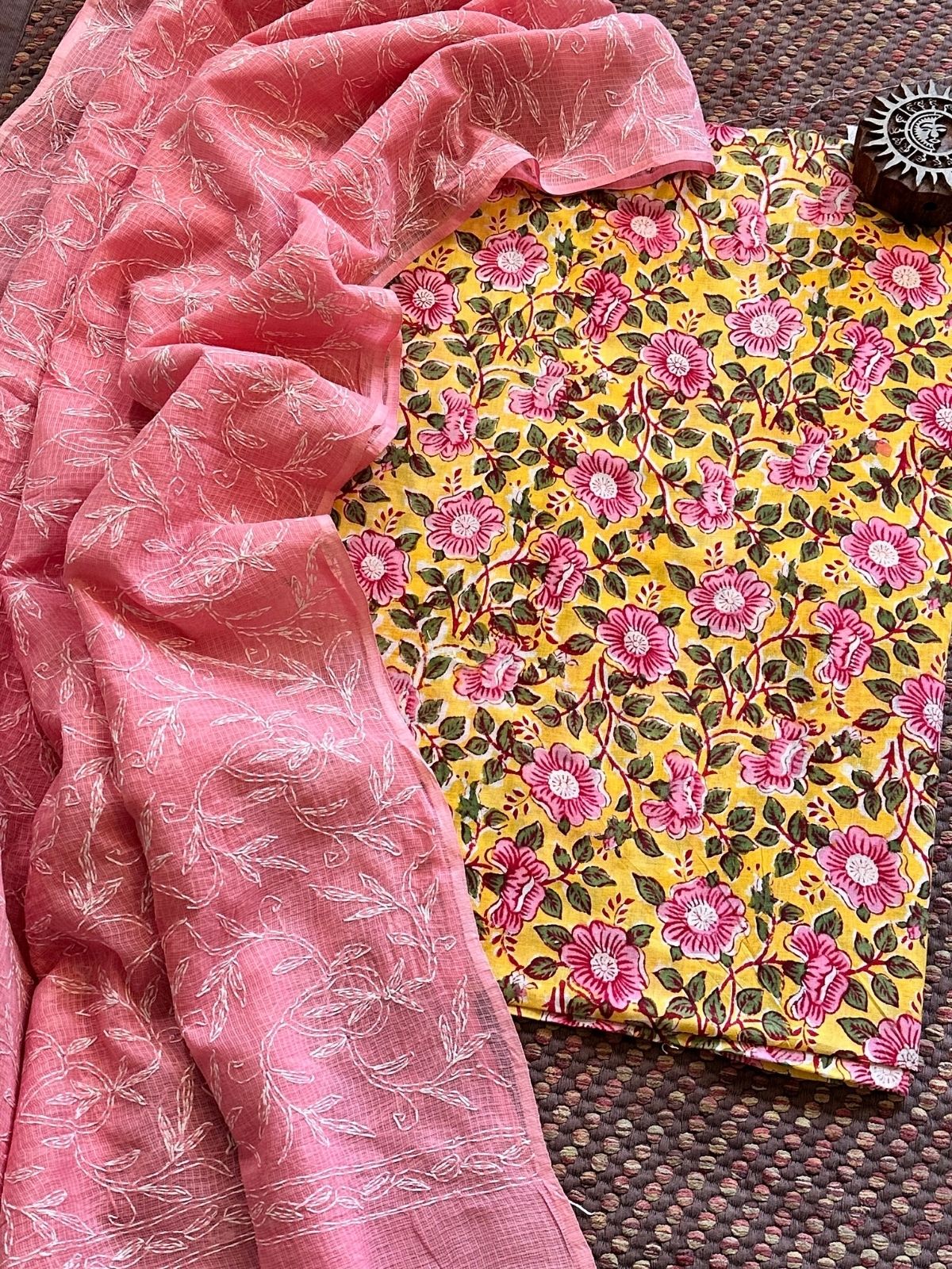 Pure Cotton Hand Blocked Fabric with Chikankari Dupatta