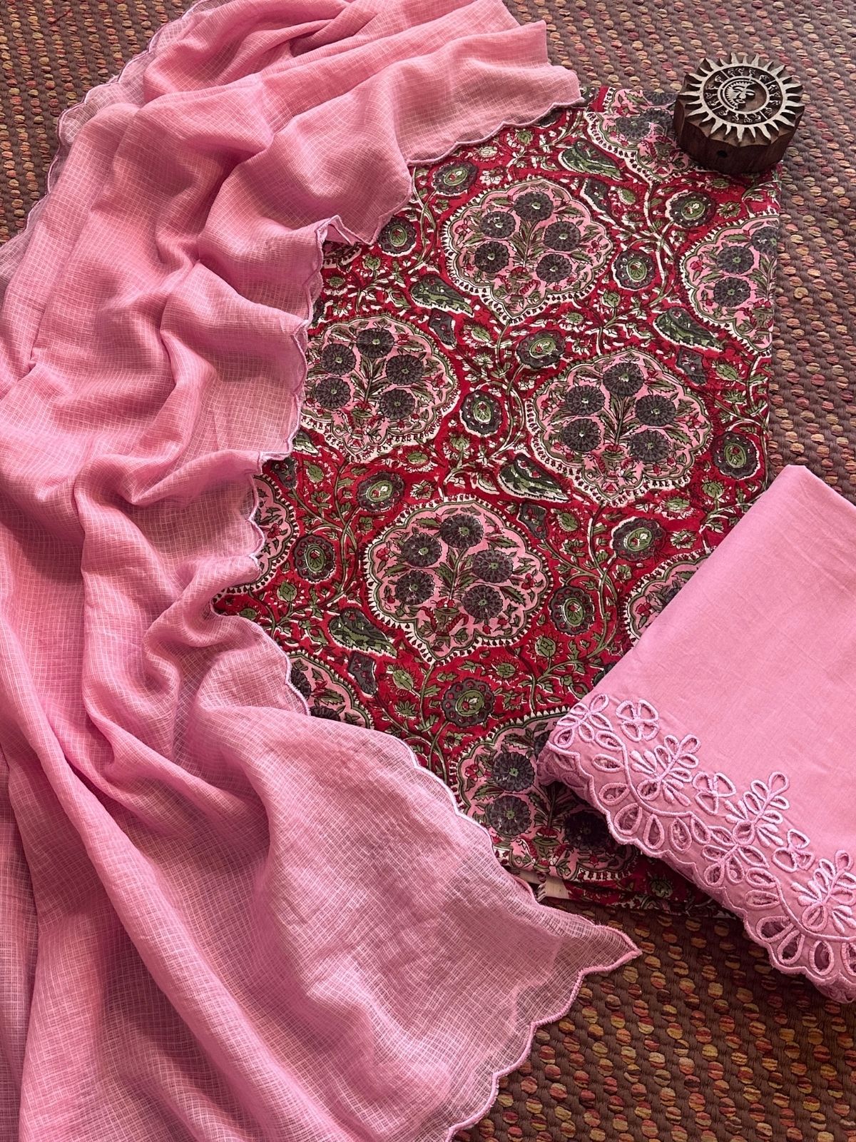 Pure Taj Cotton Hand-blocked Fabric with Cutwork Bottom & Kota Doria Dupatta