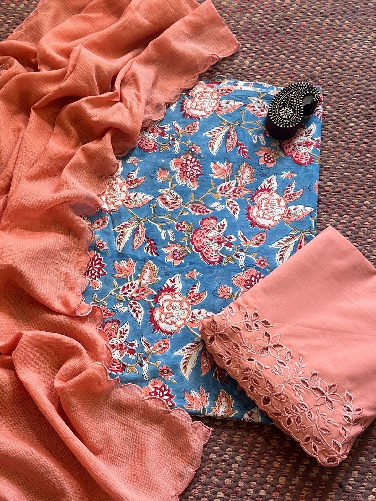 Pure Cotton Hand-blocked Fabric with Cutwork Bottom & Kota Doria Dupatta