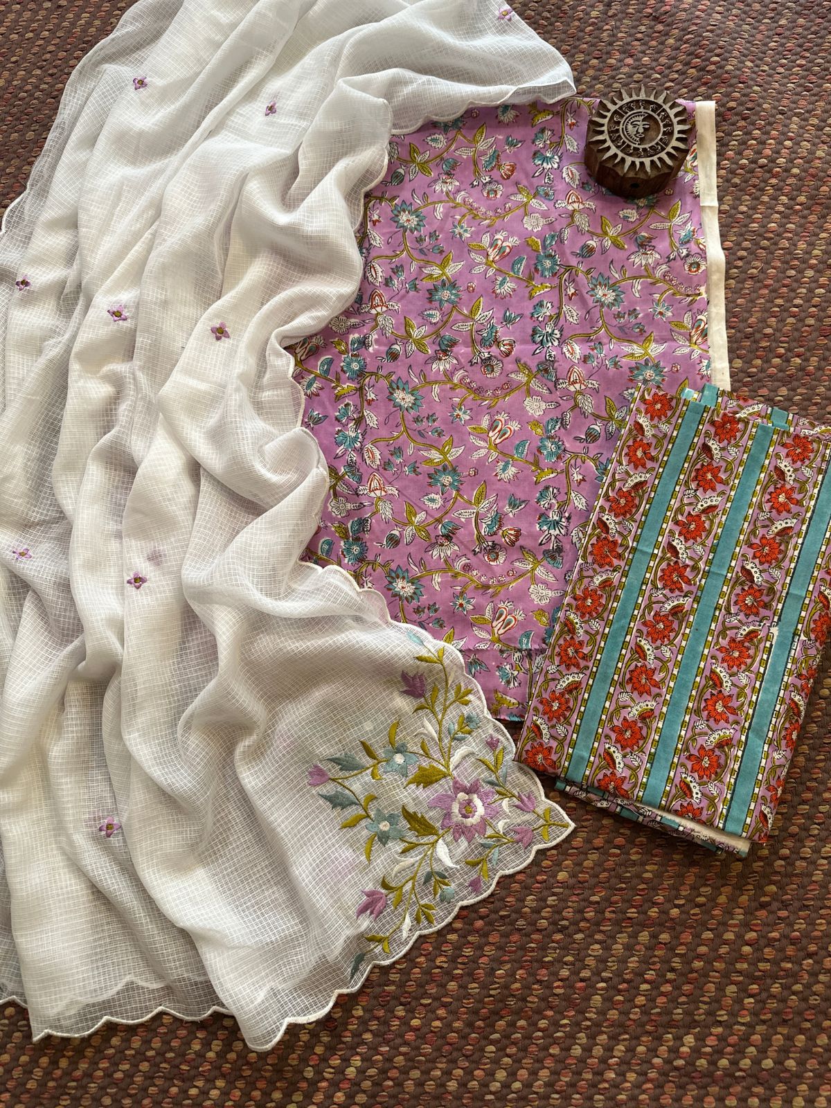 Pure Cotton Malmal Handblock Fabric with Embroidered Dupatta