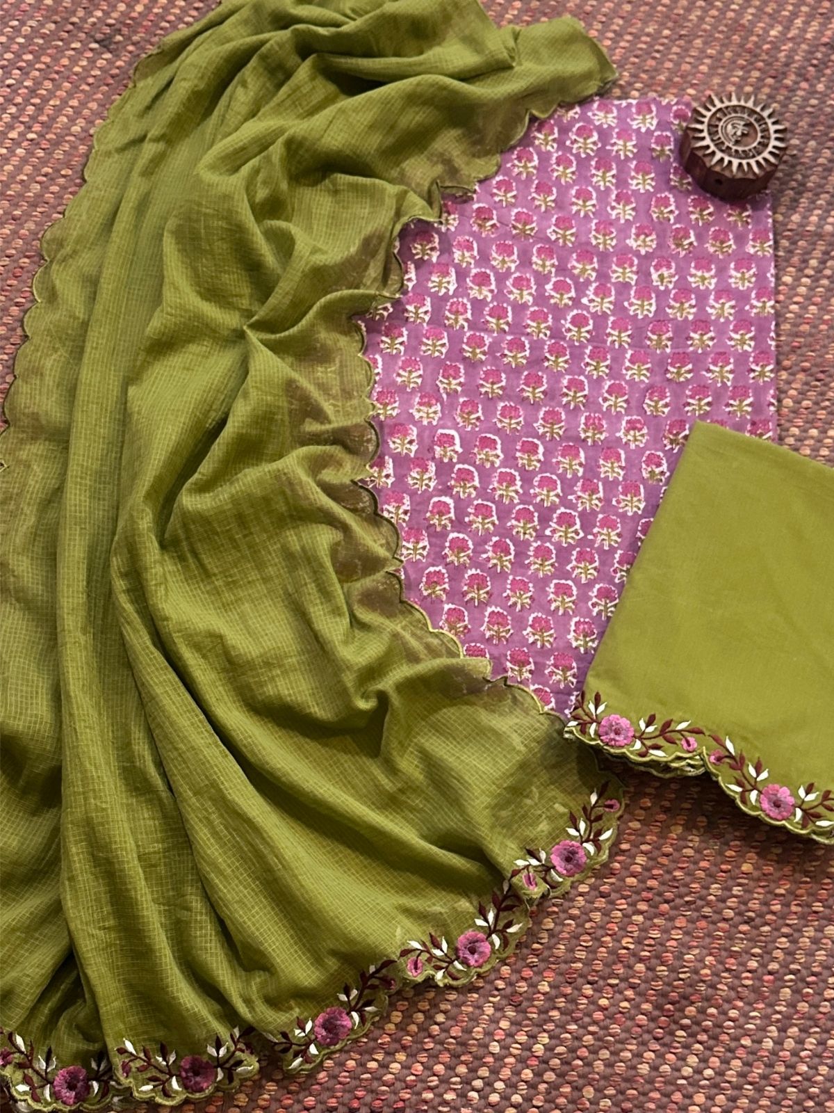 Pure Cotton Hand-block Fabric with Embroidered Bottom & Kota Doria Dupatta