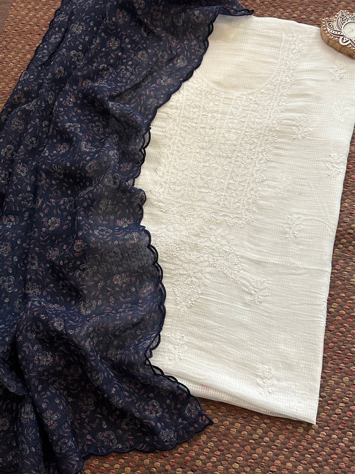 Chikankari Hand Embroidered Fabric with Indigo Hadblocked Kota Dupatta