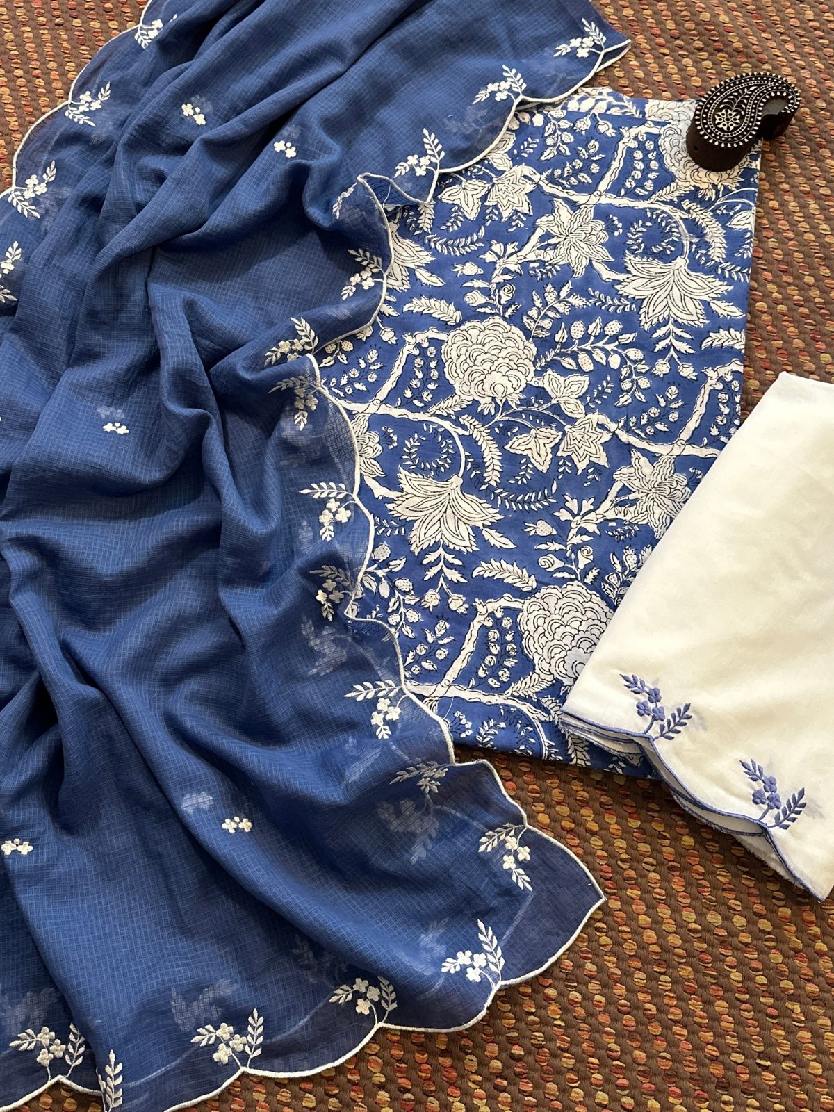 Pure Cotton Hand-block Fabric with Embroidered Bottom & Kota Doria Dupatta